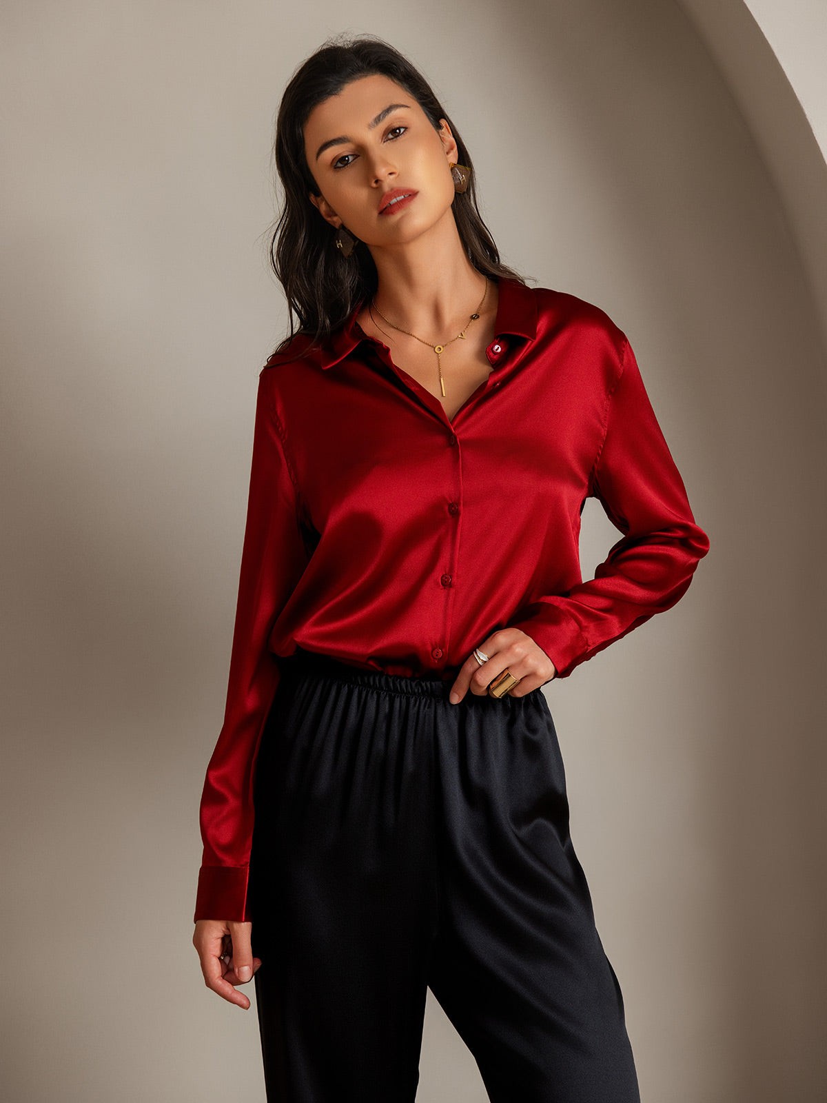19Momme Seda Básica Cuello Militar Camisa