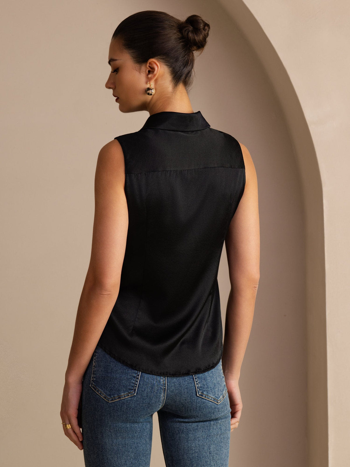 19 Momme Seda Sin Mangas Cuello Clásico Camisa