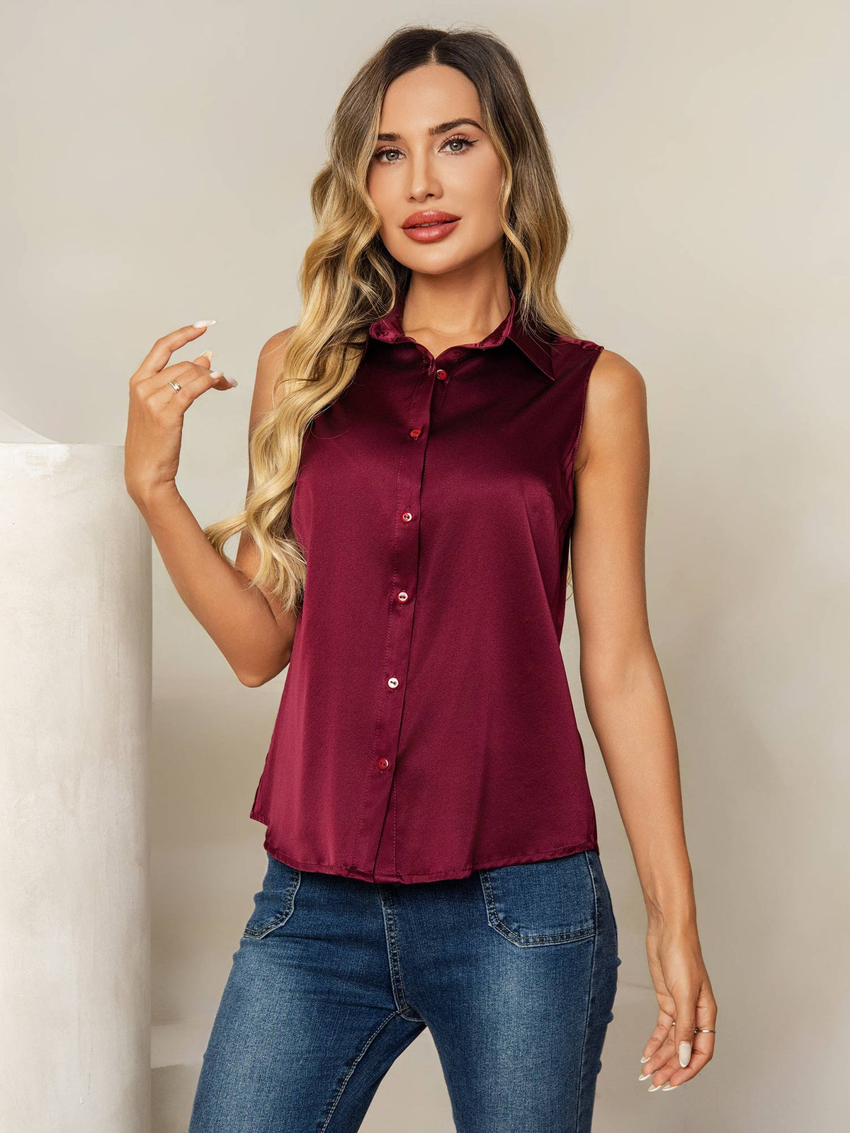 19 Momme Seda Sin Mangas Cuello Clásico Camisa
