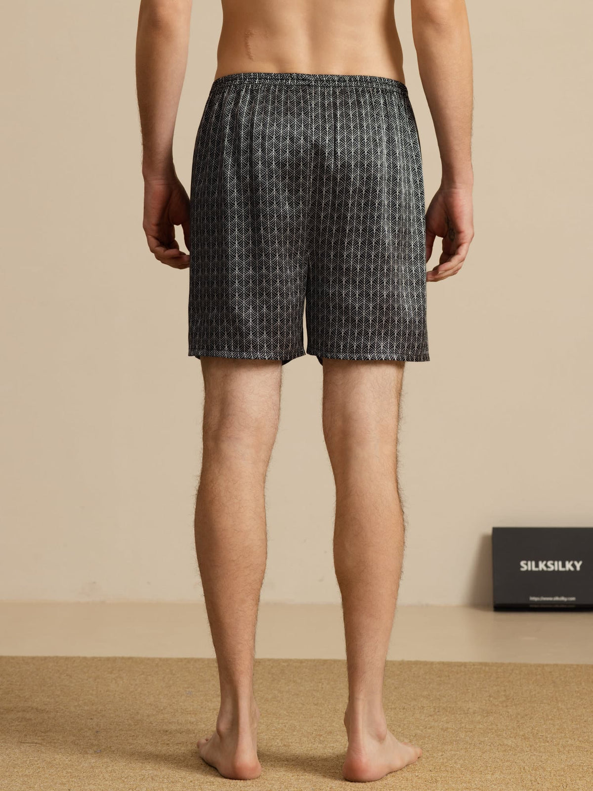 Pantalones Cortos De Dormir Para Hombre Pure Silk Ginkgo Azul Marino Estampado Cintura Elástica