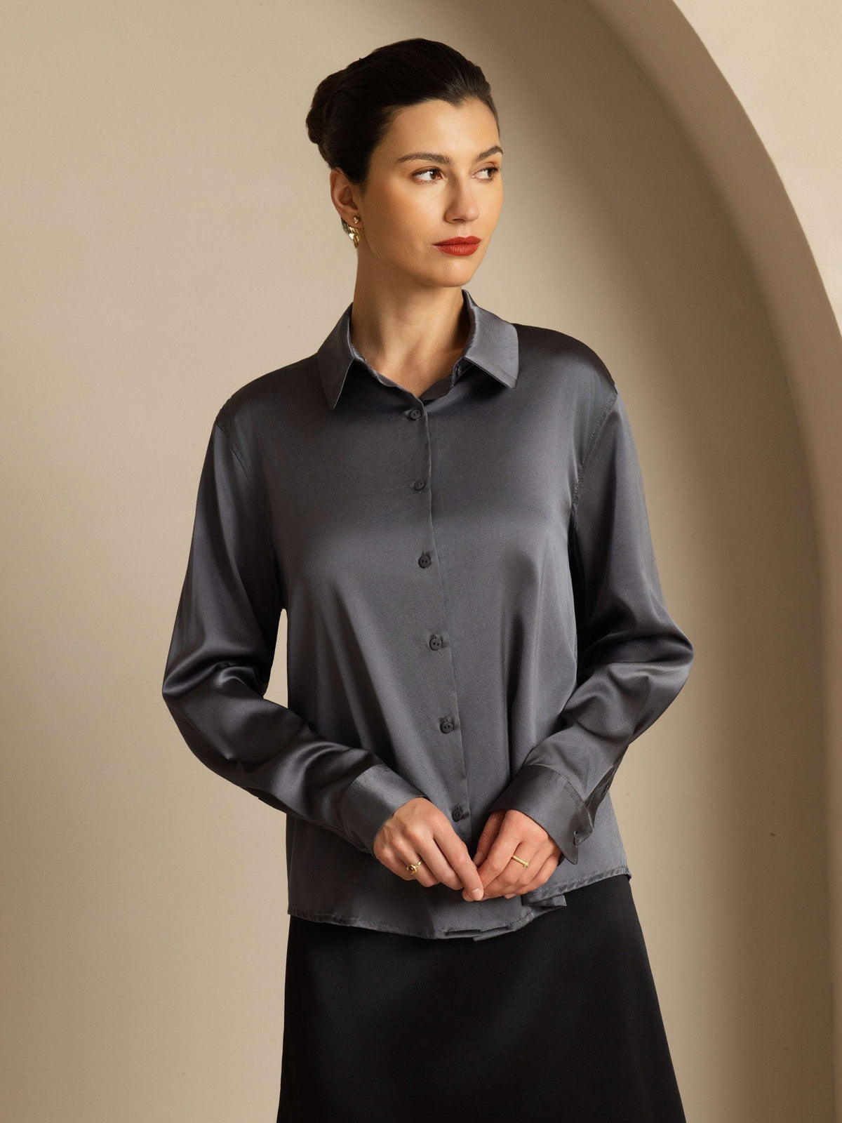 19Momme Seda Básica Cuello Militar Camisa
