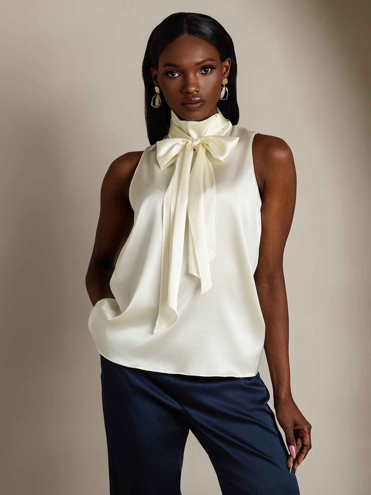 19Momme Seda Lazo Cuello Blusas