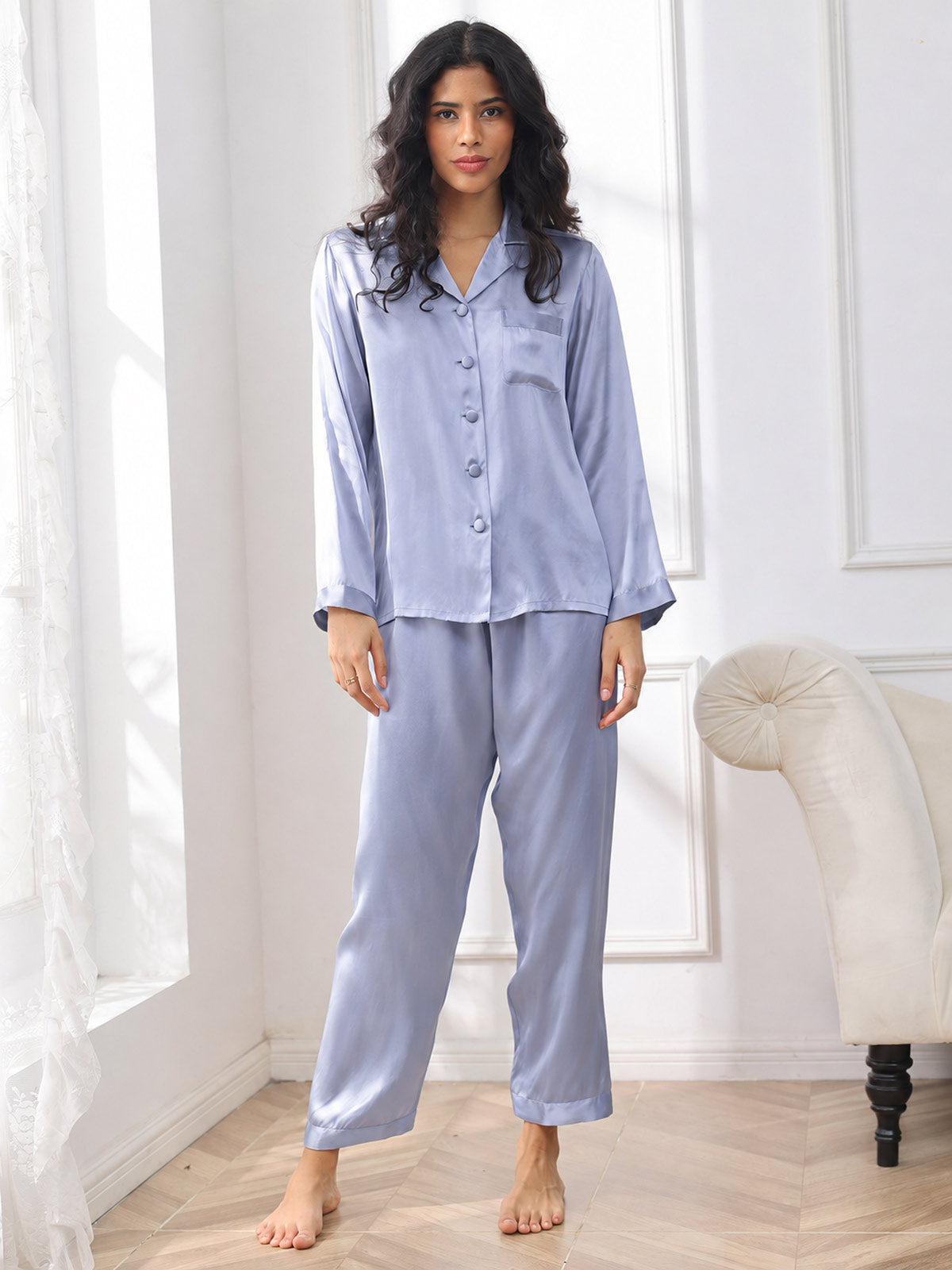 Pijama De Manga Larga De Seda 100% De Morera Para Mujer