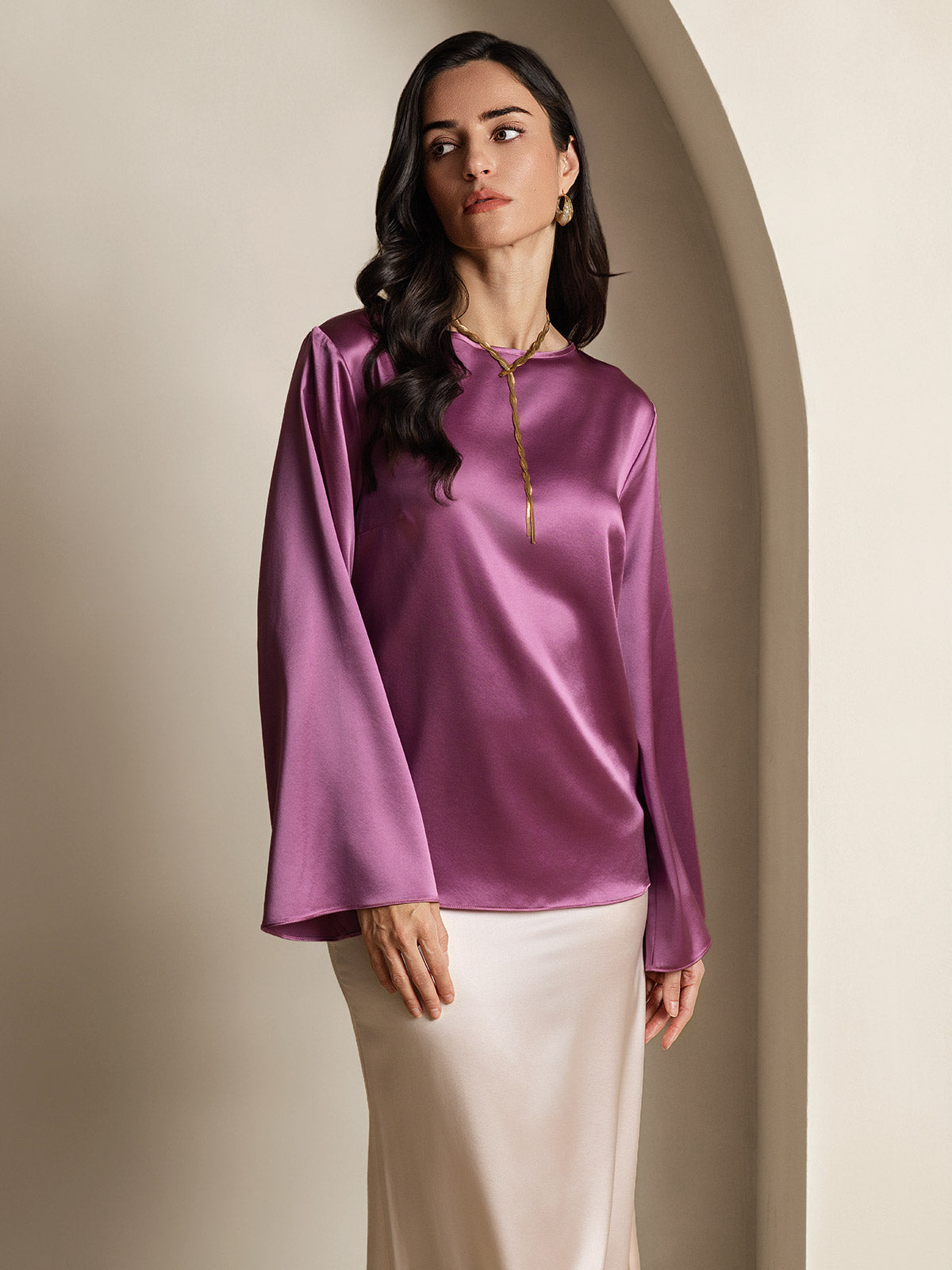 19Momme Seda Relajada Manga Larga Blusa