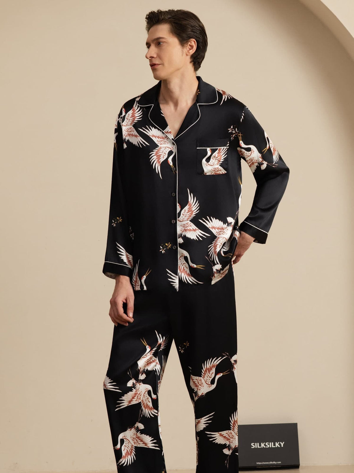 Conjunto de Pijamas para Hombre Estampado de Grúa Seda Pura 19Momme Manga Larga Cuello Notch