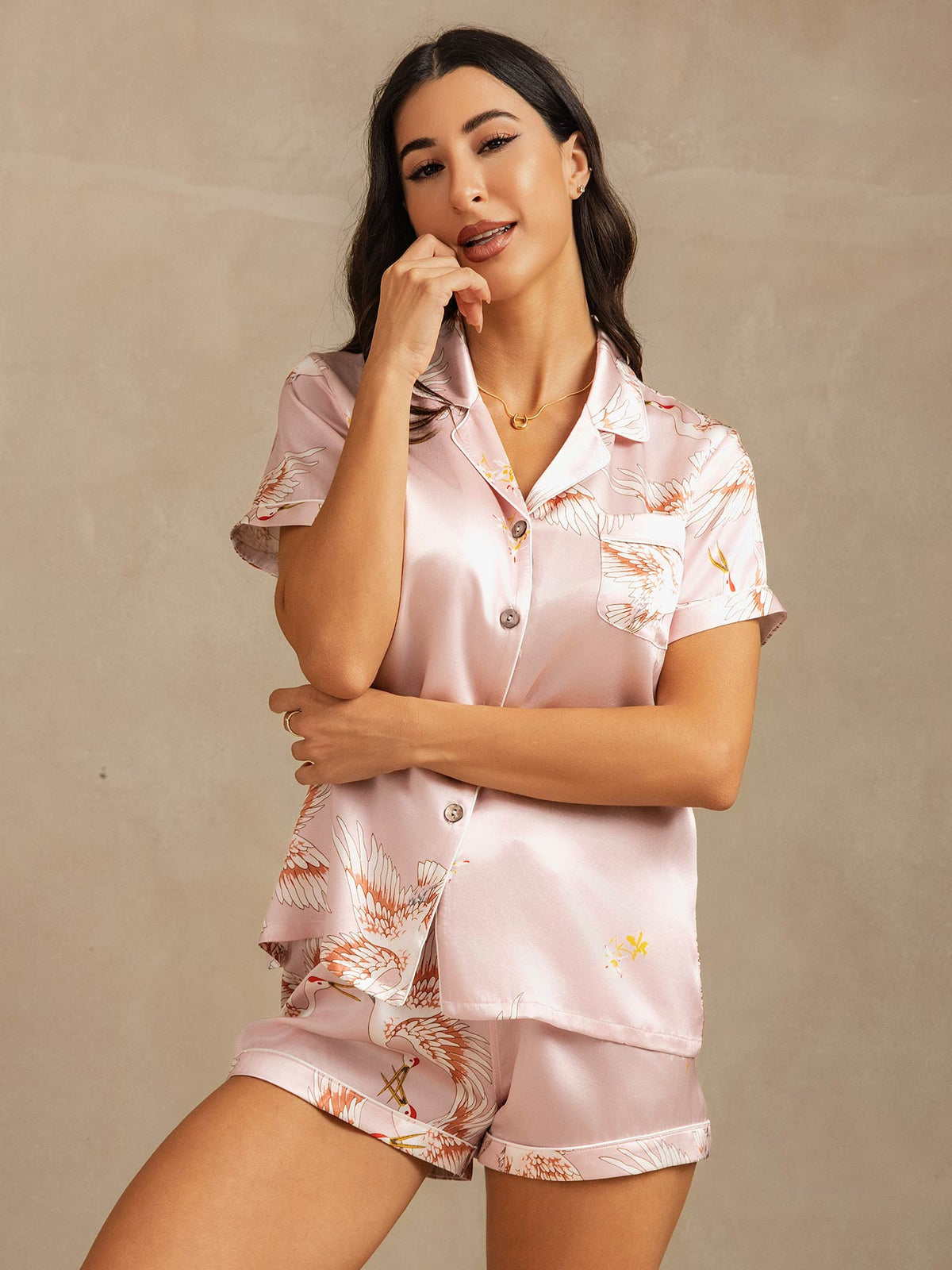 19Momme Conjunto De Pijama Para Mujer En Seda Pura Manga Corta Cuello Notch Estampado De Grulla