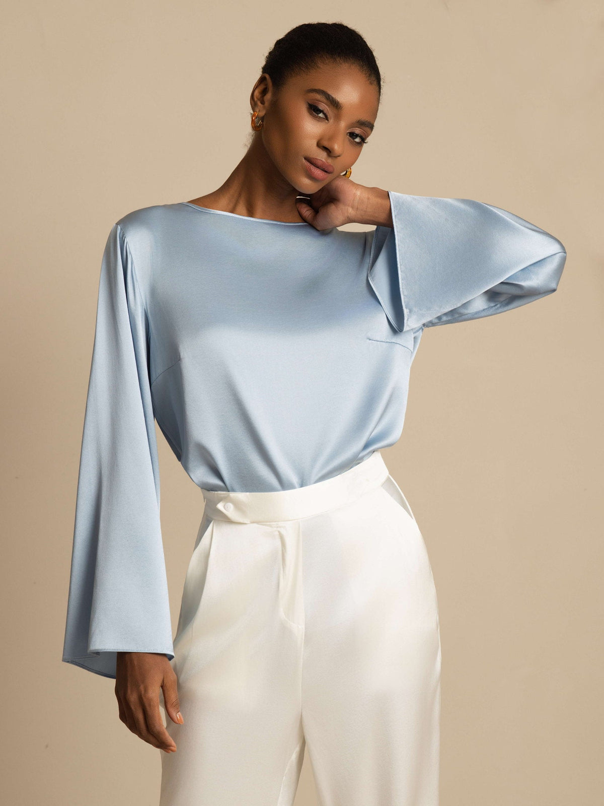 19Momme Seda Relajada Manga Larga Blusa