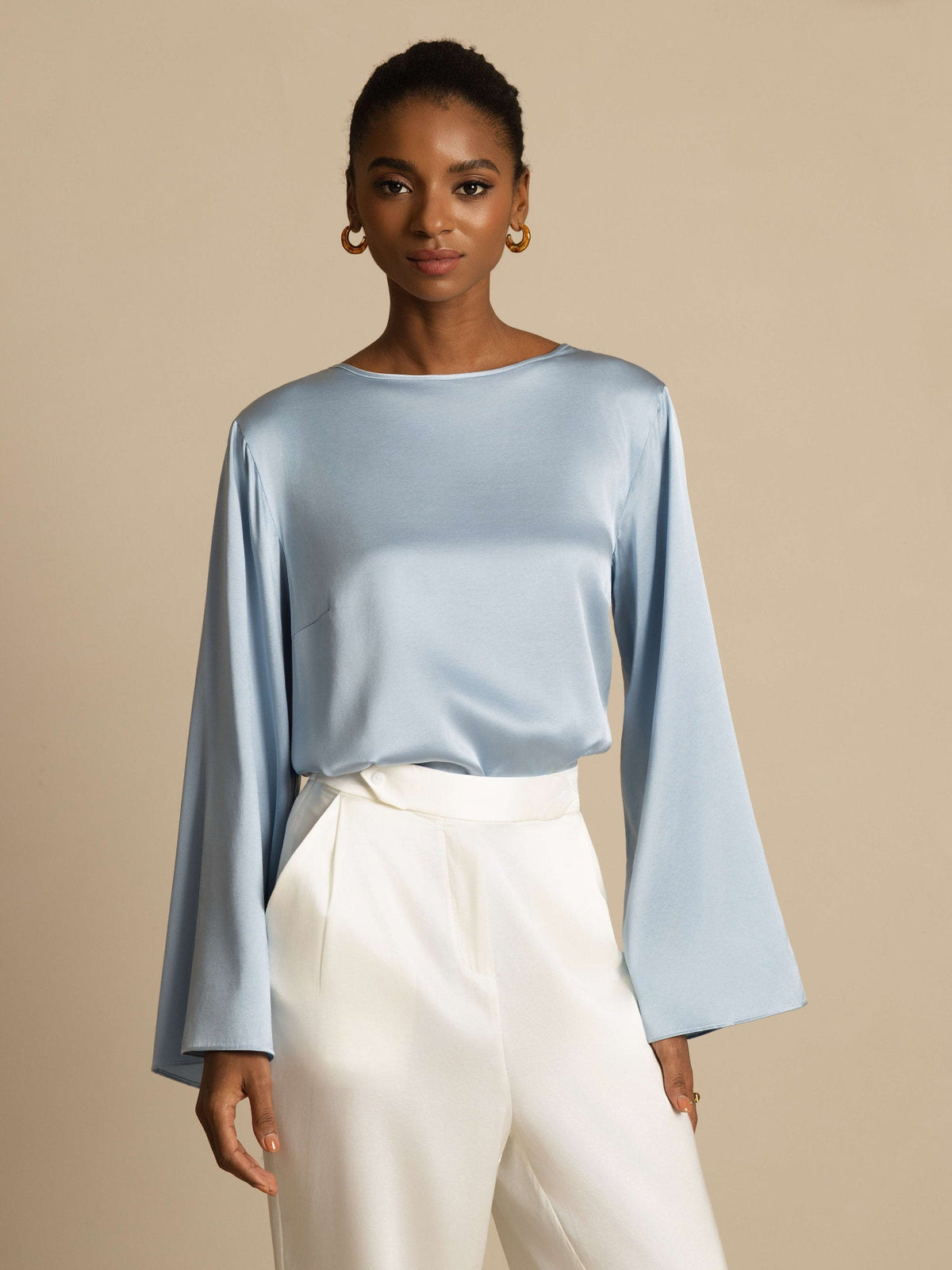 19Momme Seda Relajada Manga Larga Blusa