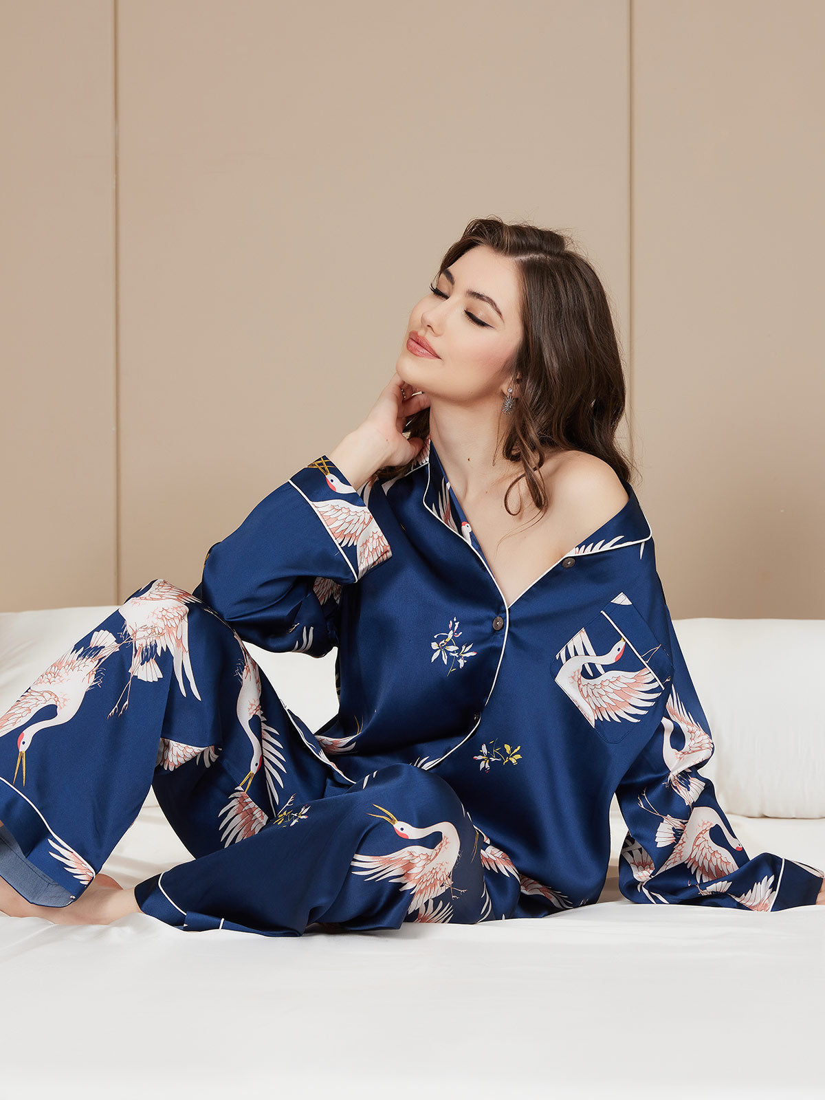 Pijama De Mujer De Seda Pura 19Momme Con Estampado De Grulla Y Manga Larga