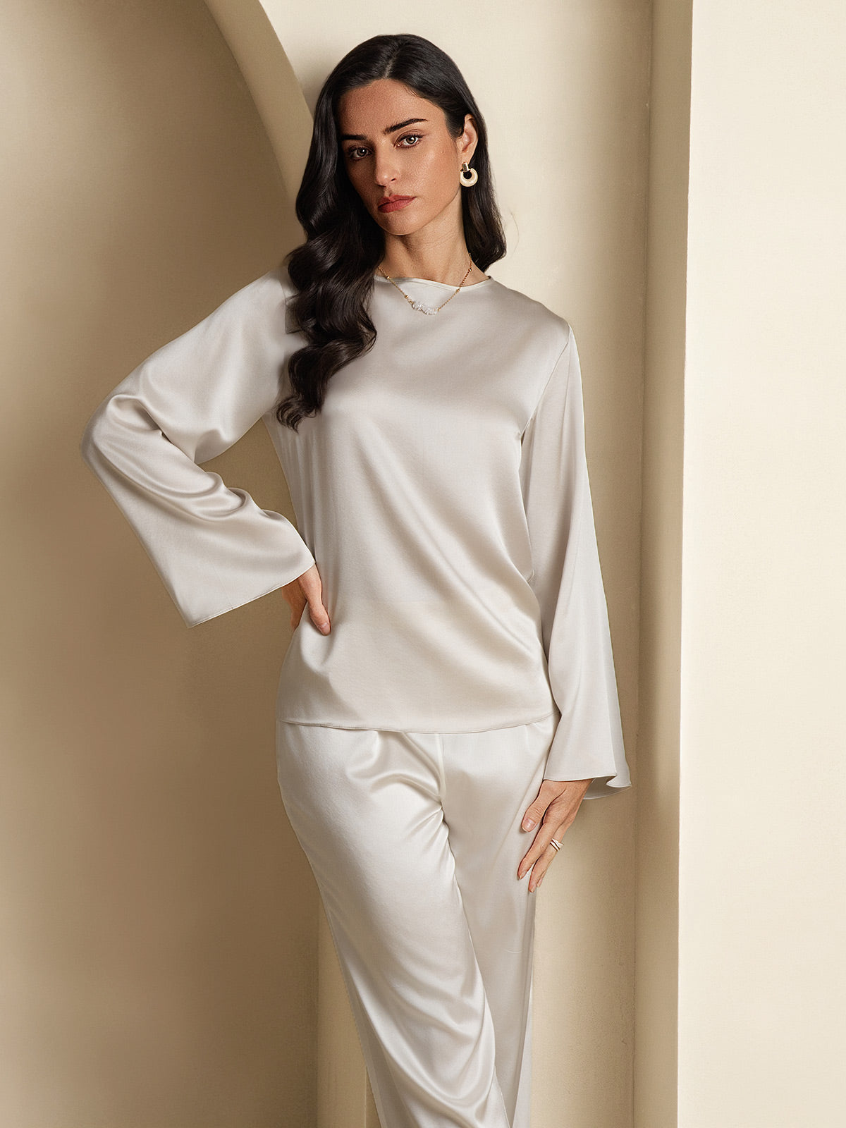 19Momme Seda Relajada Manga Larga Blusa