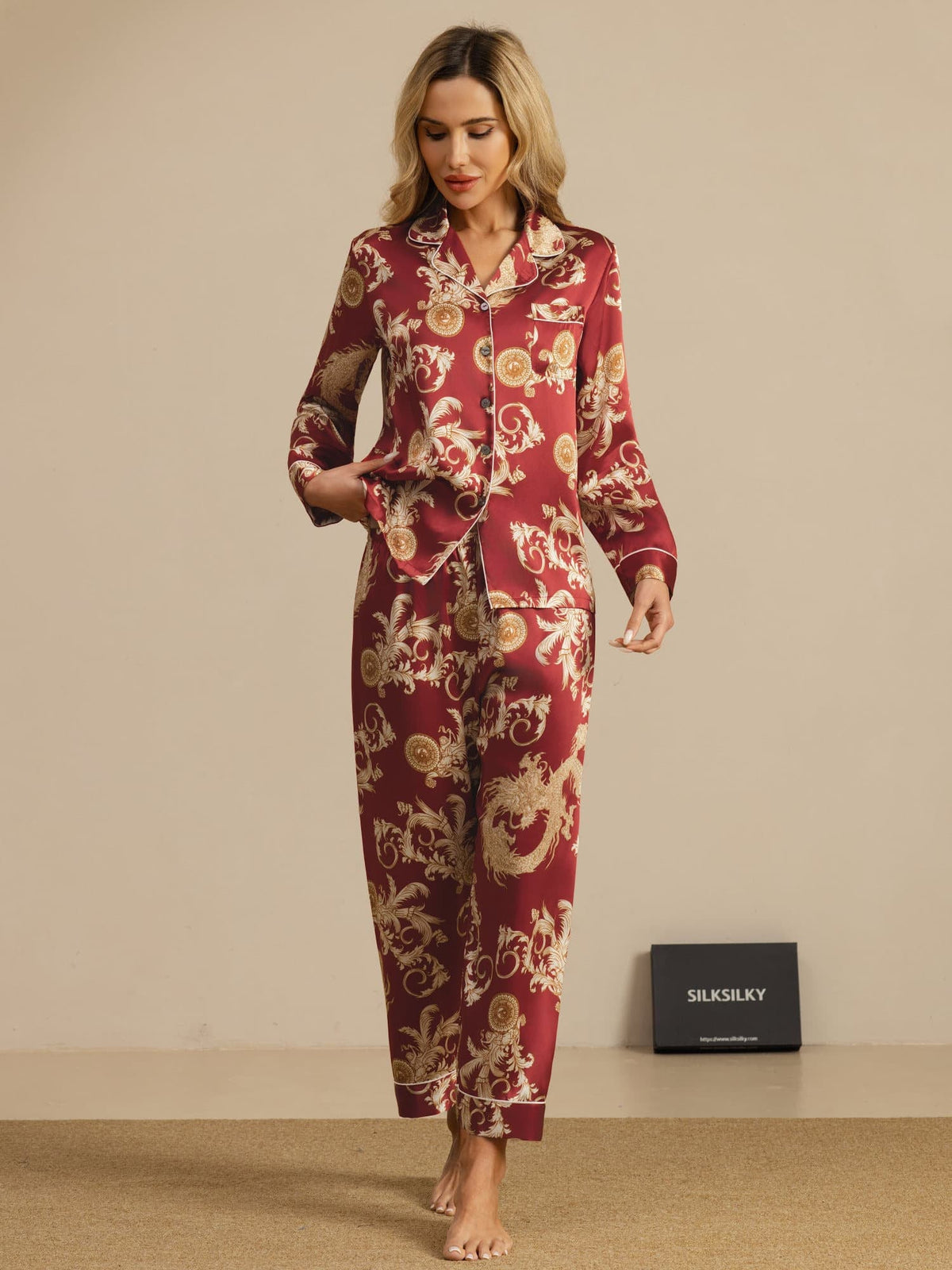 Pijama Mujer Seda Pura Manga Larga Cuello Notch Con Pantalón Estampado Dragón