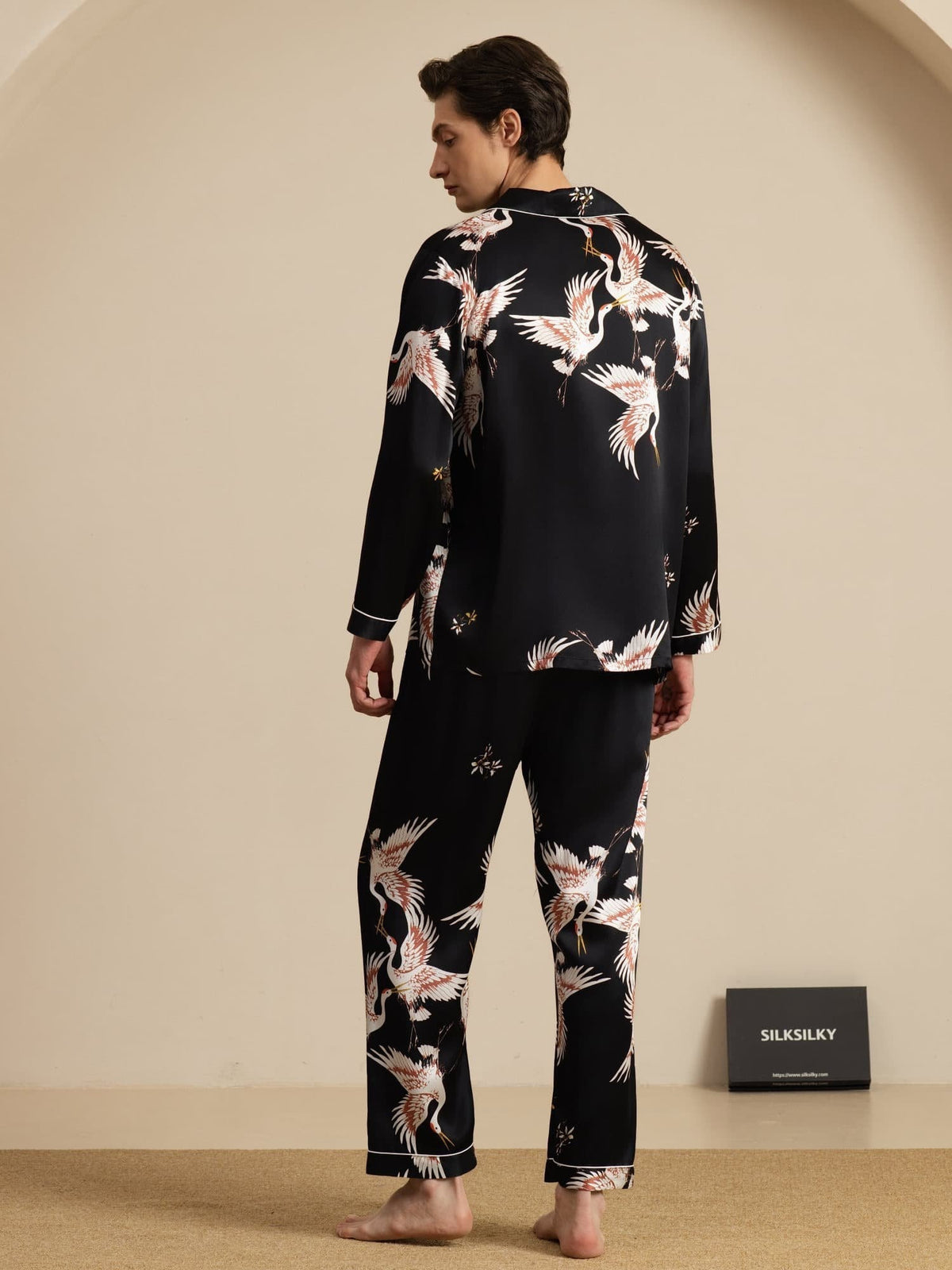 Conjunto de Pijamas para Hombre Estampado de Grúa Seda Pura 19Momme Manga Larga Cuello Notch