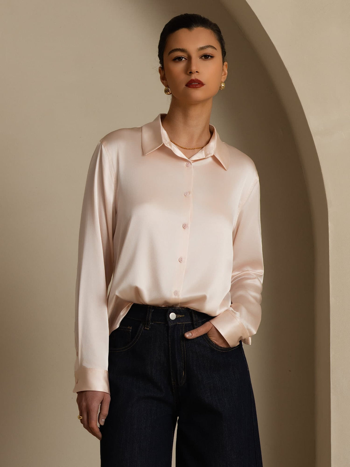 19Momme Seda Básica Cuello Militar Camisa
