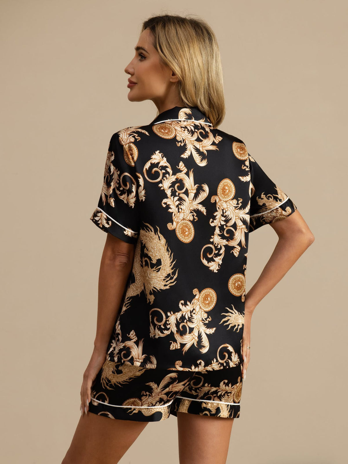 Pijama Mujer Seda Pura Manga Corta Cuello Notch Con Shorts Estampado Dragón