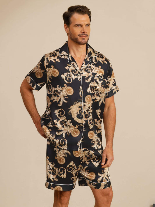 Pure Seda Hombre Estampado Dragón Manga Corta Cuello Notch Conjunto Pijama
