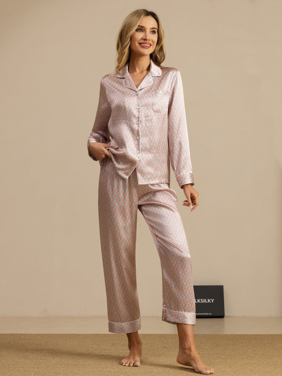 Conjunto De Pijama Para Mujer De Seda Pura Manga Larga Con Pantalón E Imprimé Geométrico