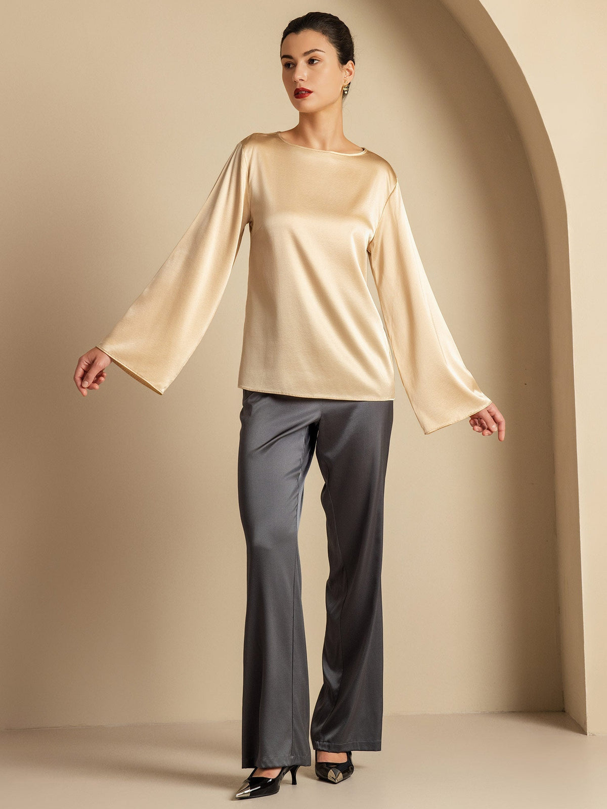 19Momme Seda Relajada Manga Larga Blusa