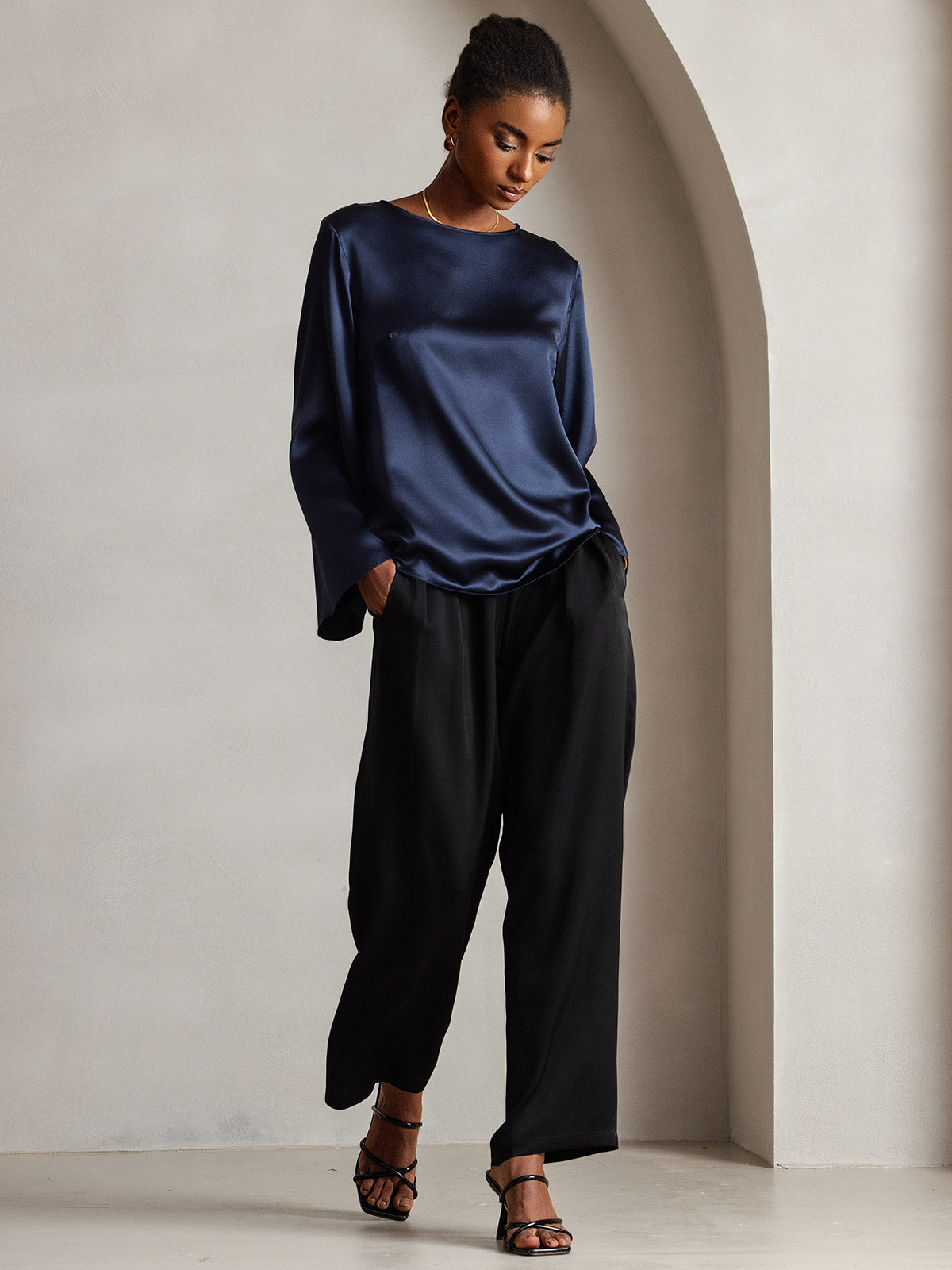 19Momme Seda Relajada Manga Larga Blusa
