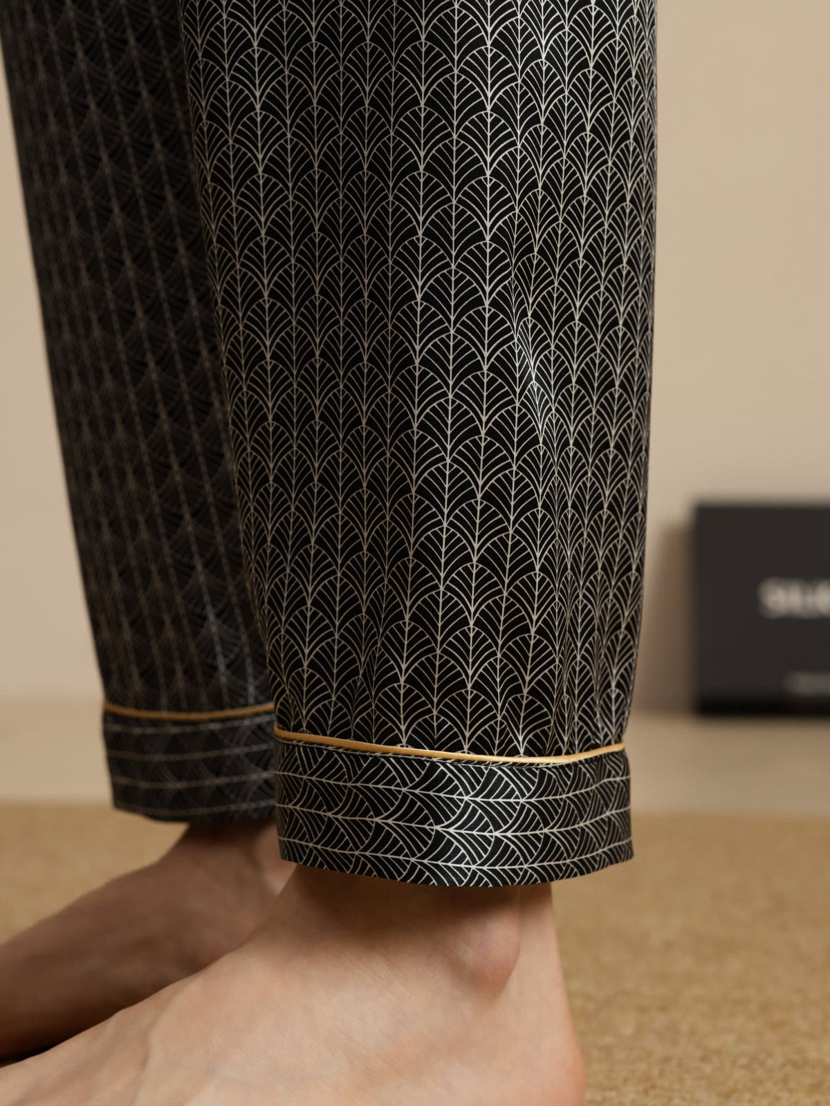 Pantalones De Dormir De Seda Pura Ginkgo Azul Marino Para Hombre Con Cintura Elástica