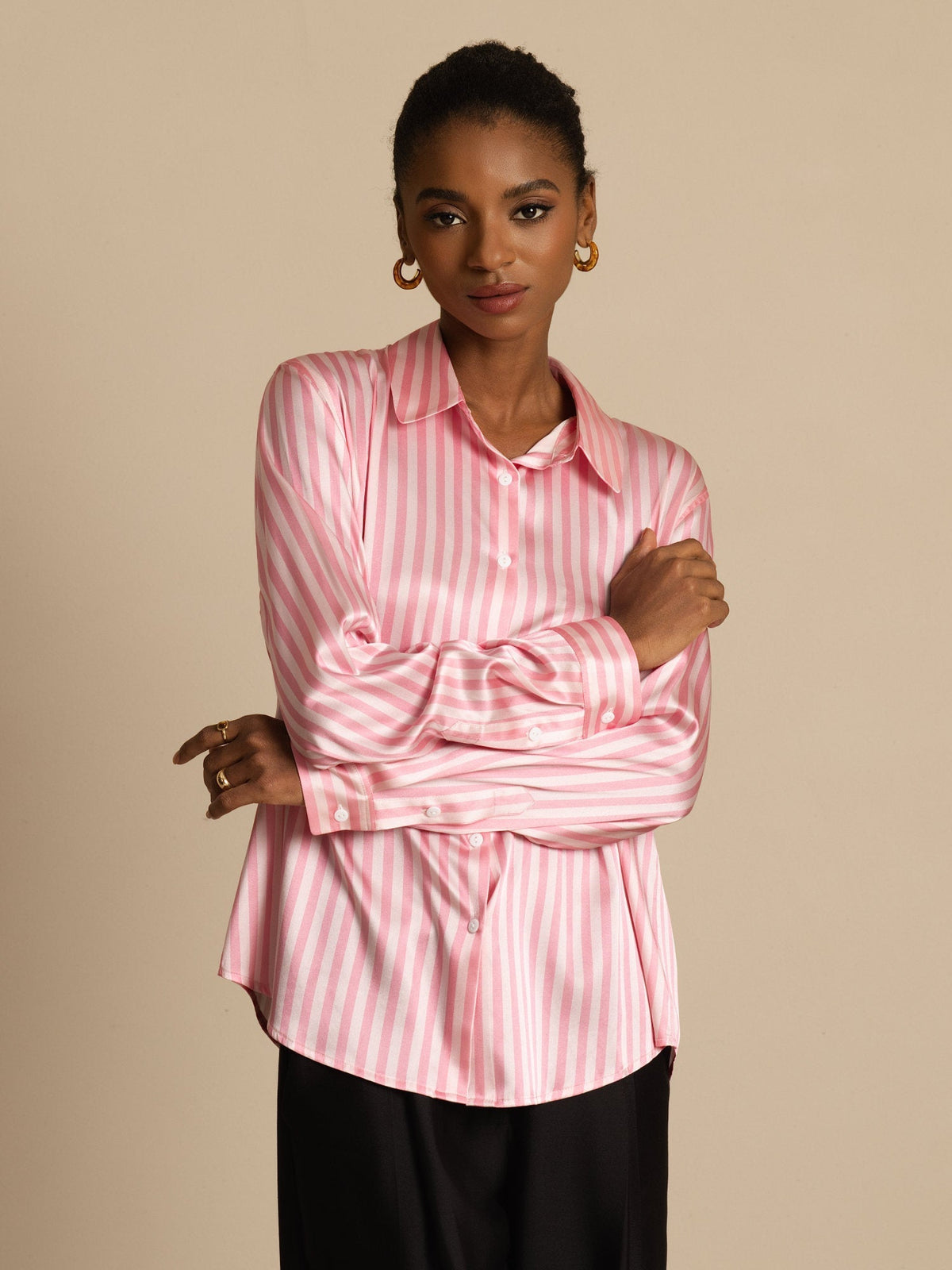 19Momme Seda Básica Cuello Militar Camisa