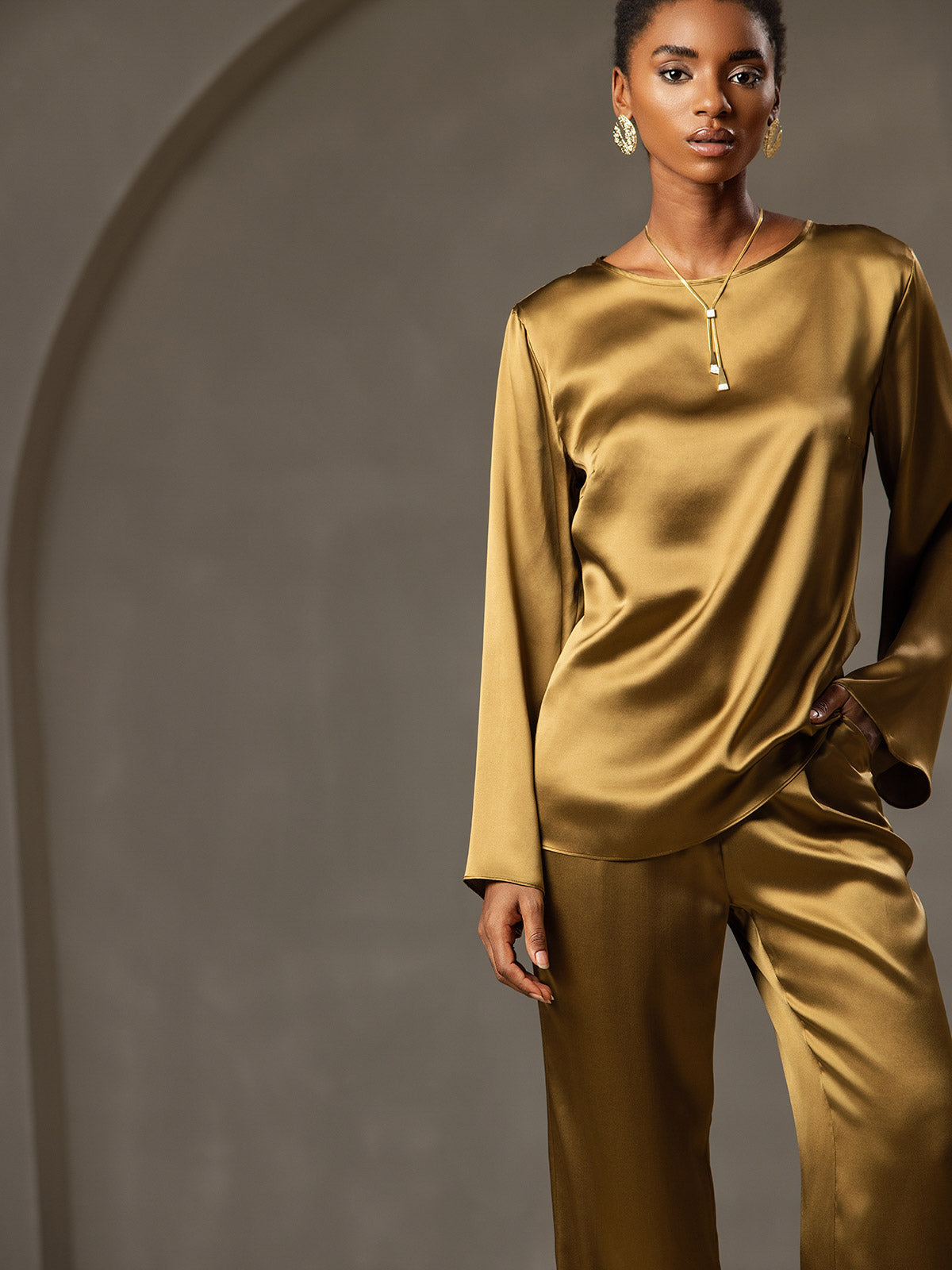 19Momme Seda Relajada Manga Larga Blusa