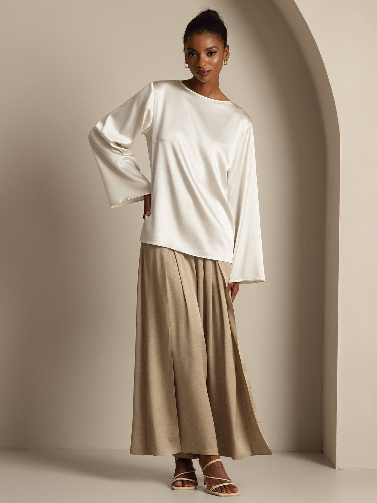 19Momme Seda Relajada Manga Larga Blusa