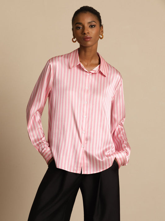 Camisa De Mujer De Seda 19 Momme Con Estampado De Rayas Y Cuello De Solapa
