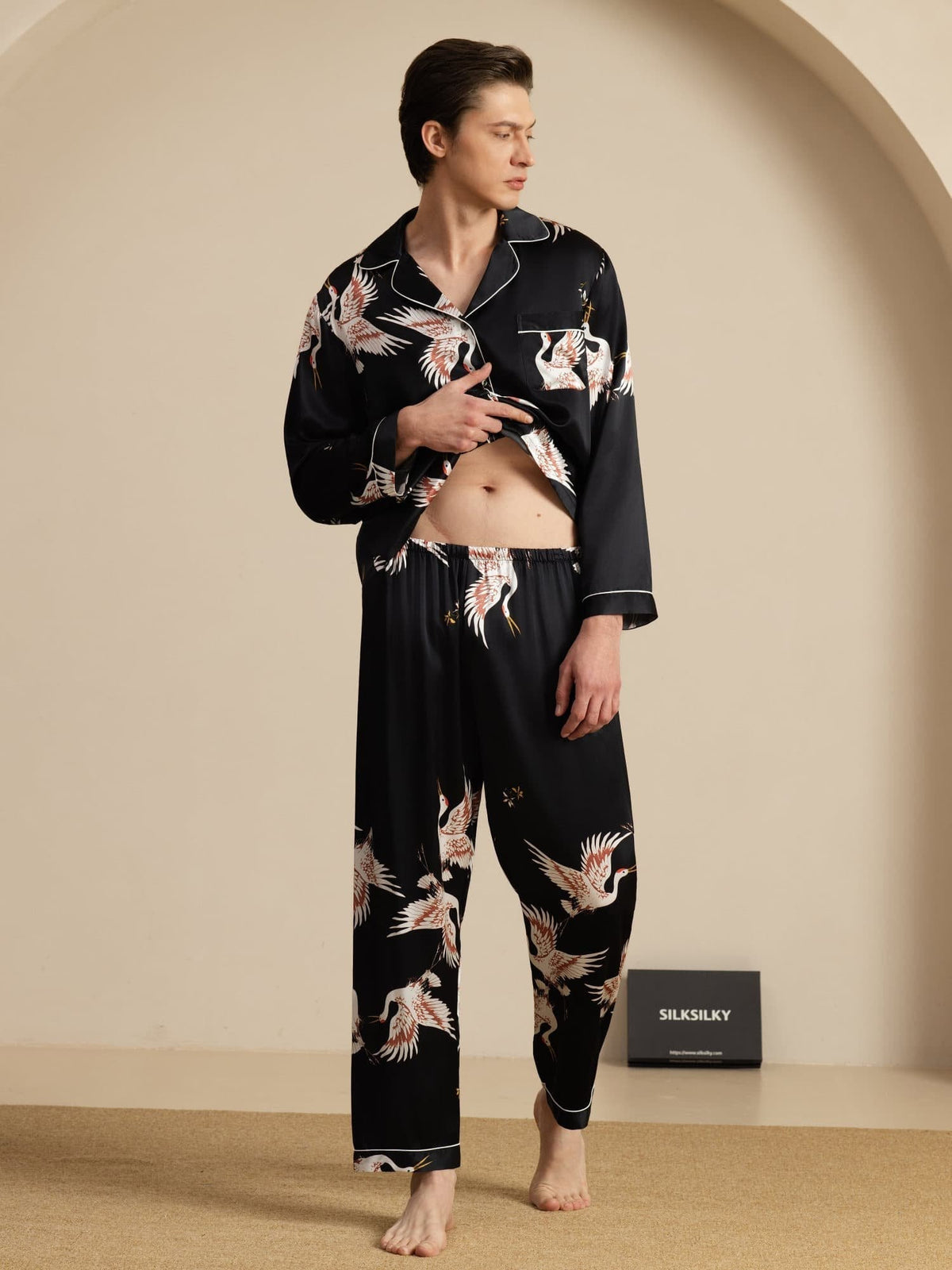 Conjunto de Pijamas para Hombre Estampado de Grúa Seda Pura 19Momme Manga Larga Cuello Notch