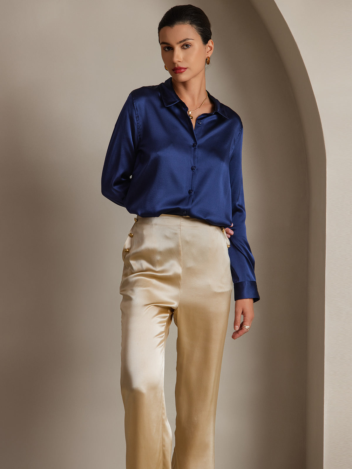19Momme Seda Básica Cuello Militar Camisa