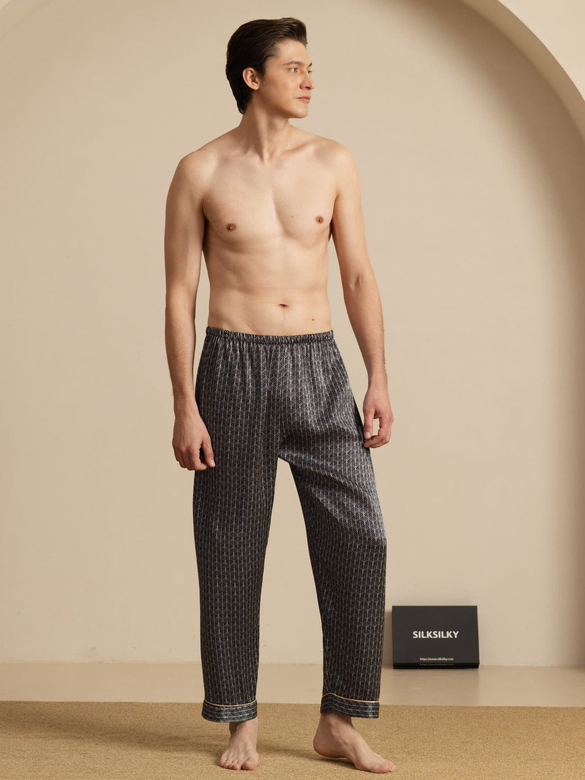 Pantalones De Dormir De Seda Pura Ginkgo Azul Marino Para Hombre Con Cintura Elástica