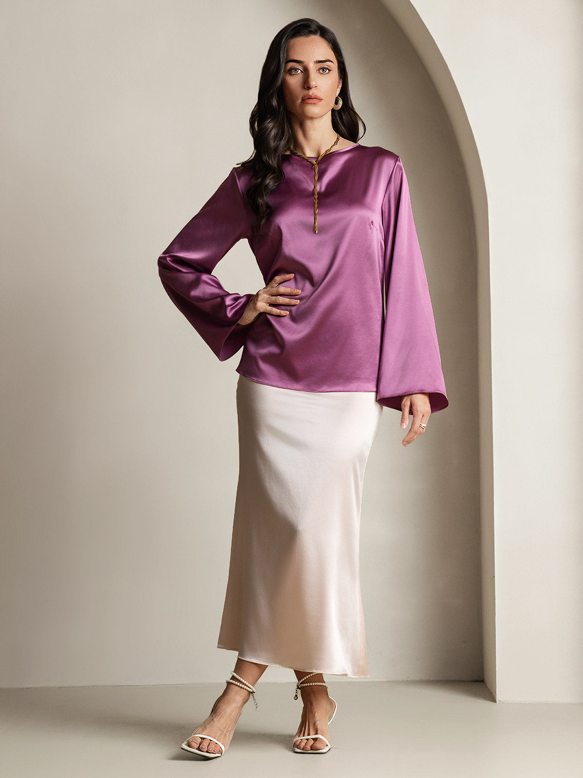 19Momme Seda Relajada Manga Larga Blusa