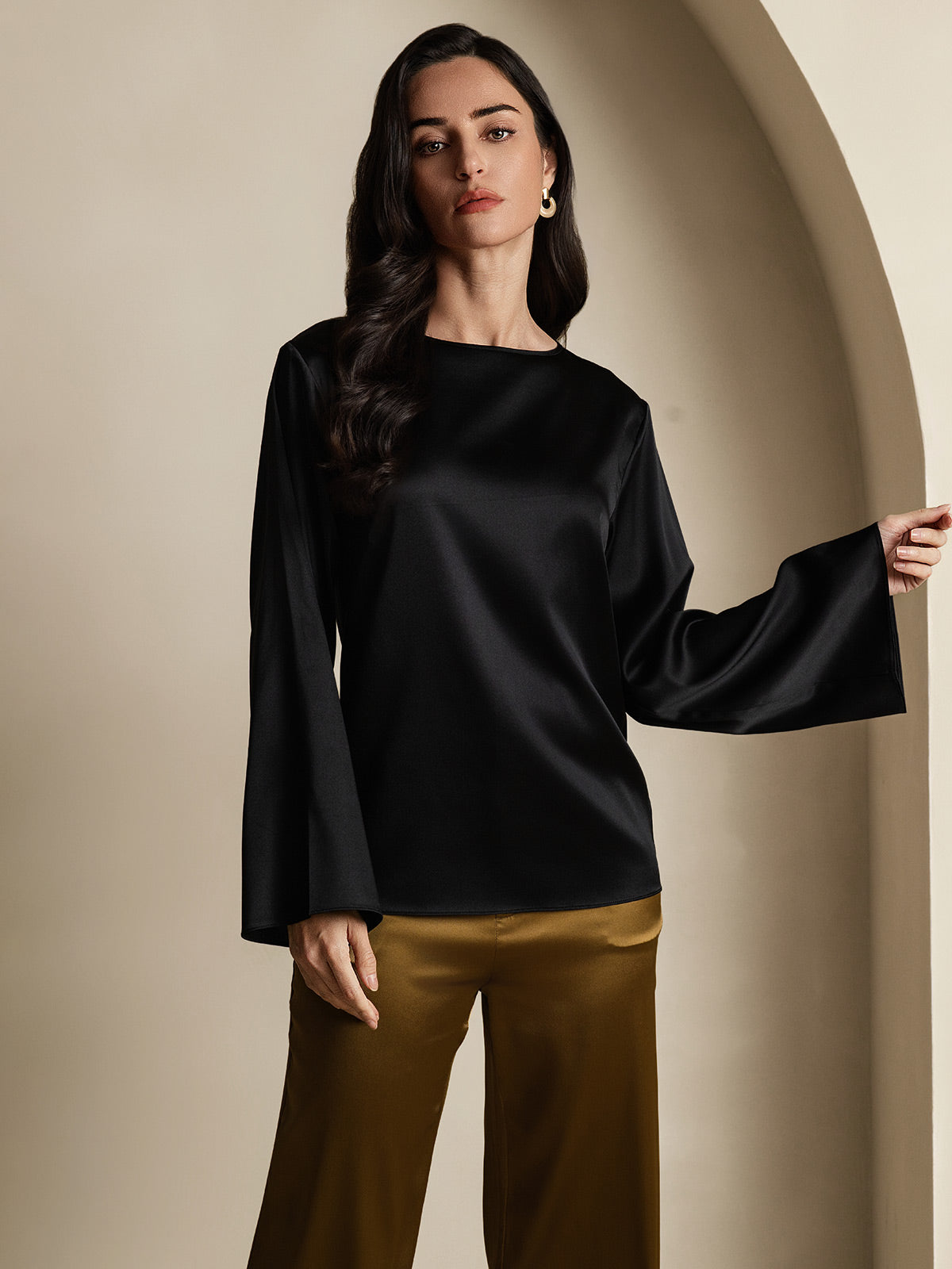 19Momme Seda Relajada Manga Larga Blusa
