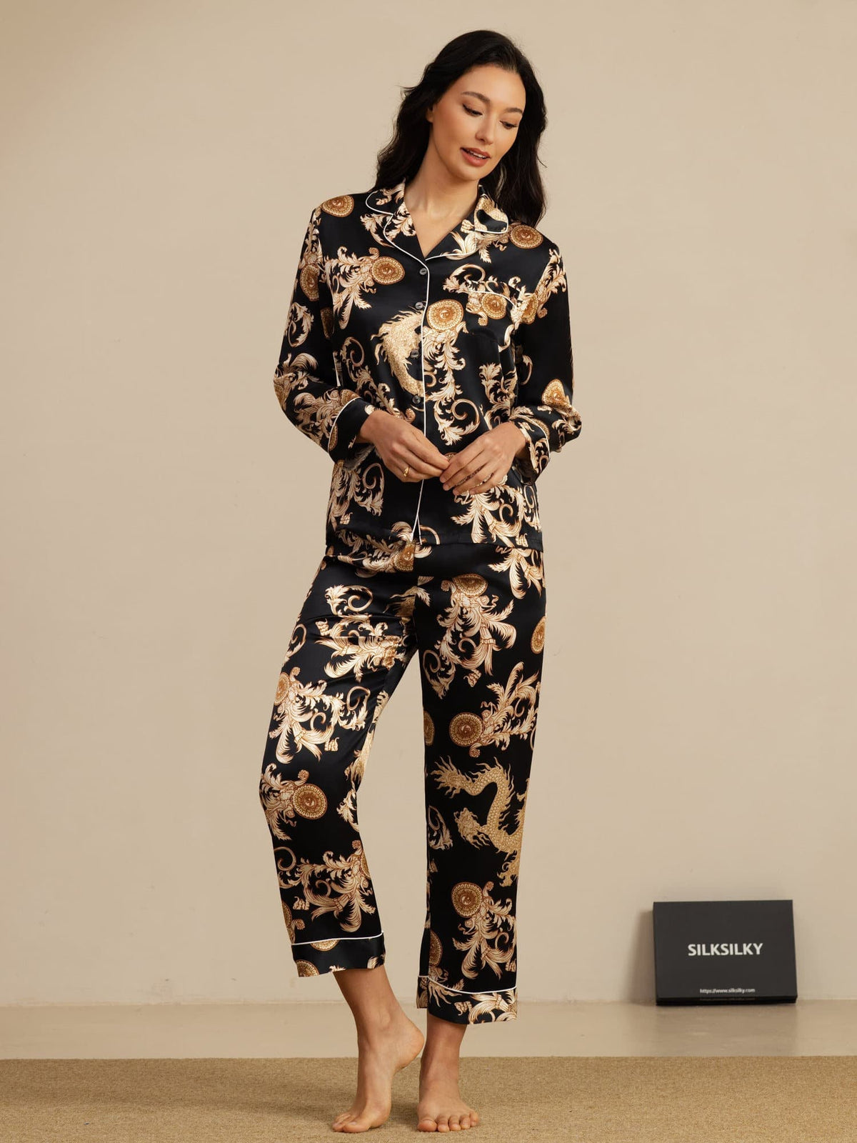 Pijama Mujer Seda Pura Manga Larga Cuello Notch Con Pantalón Estampado Dragón