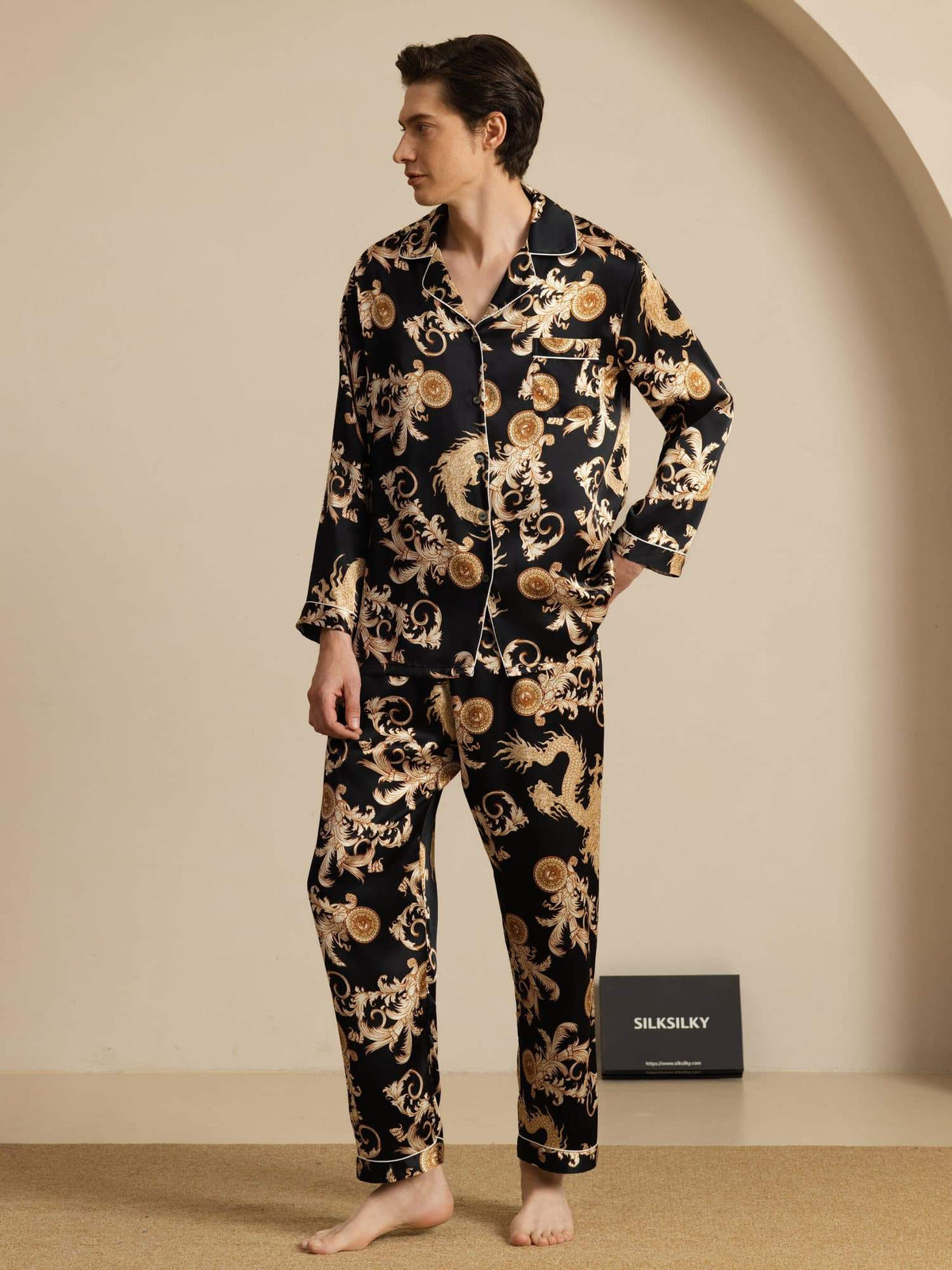 Pure Seda Hombre Estampado Dragón Manga Larga Cuello Notch Conjunto Pijama
