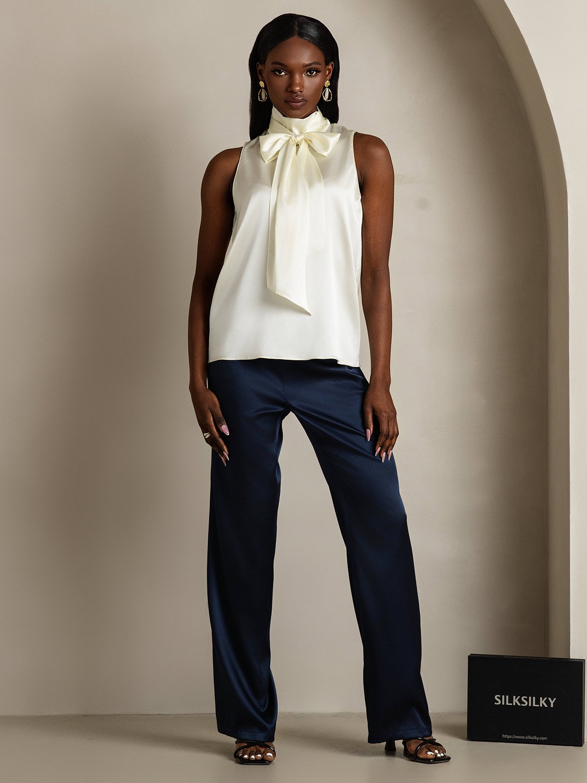 19Momme Seda Lazo Cuello Blusas