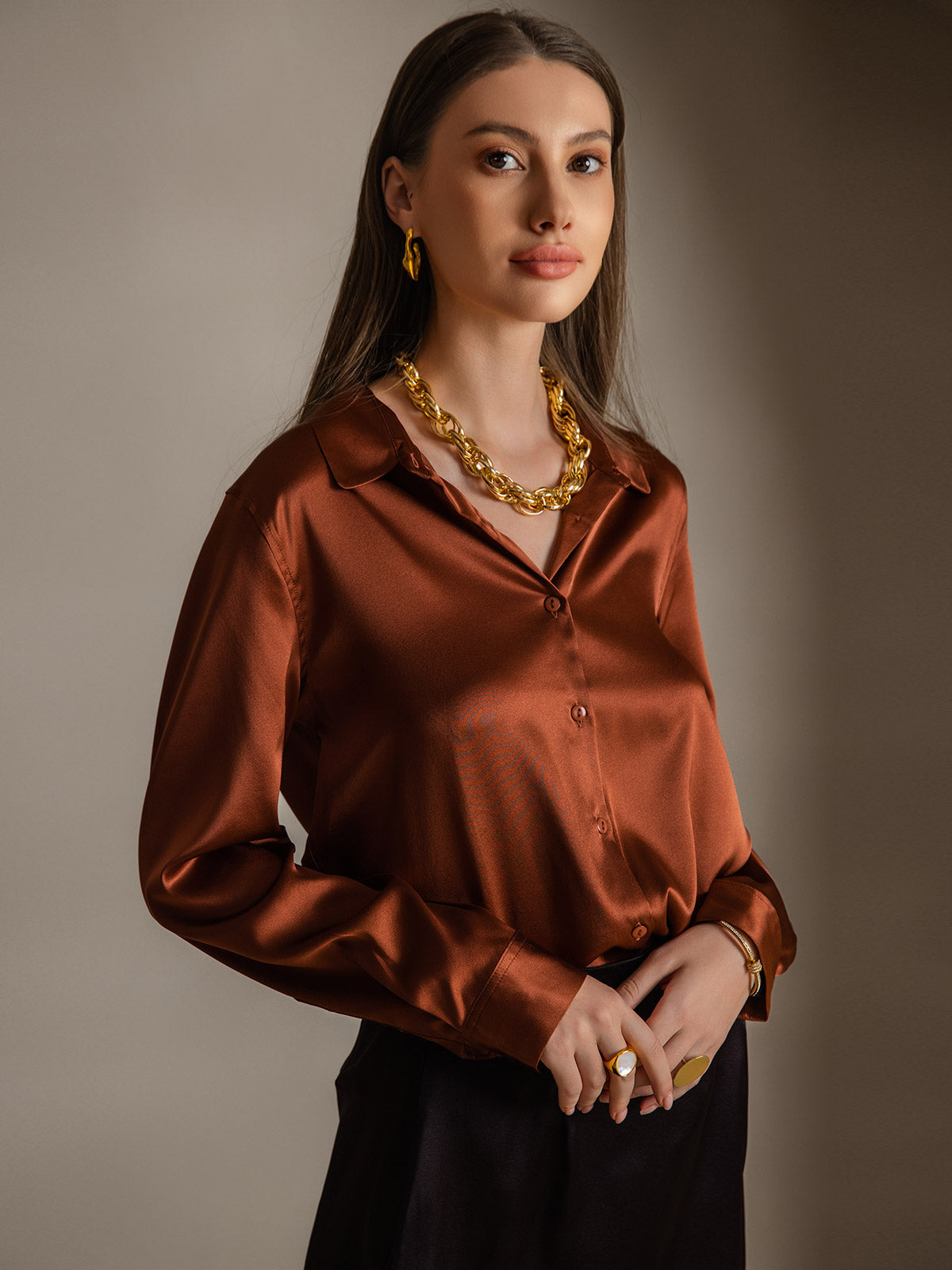 19Momme Seda Básica Cuello Militar Camisa