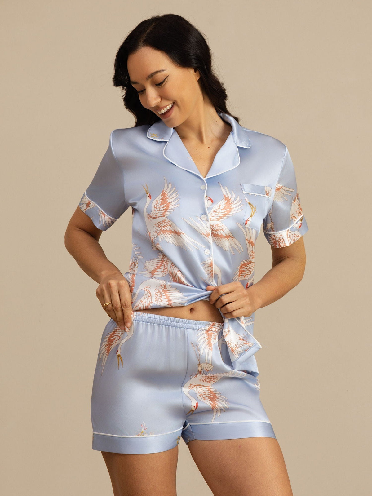 19Momme Conjunto De Pijama Para Mujer En Seda Pura Manga Corta Estampado De Grulla