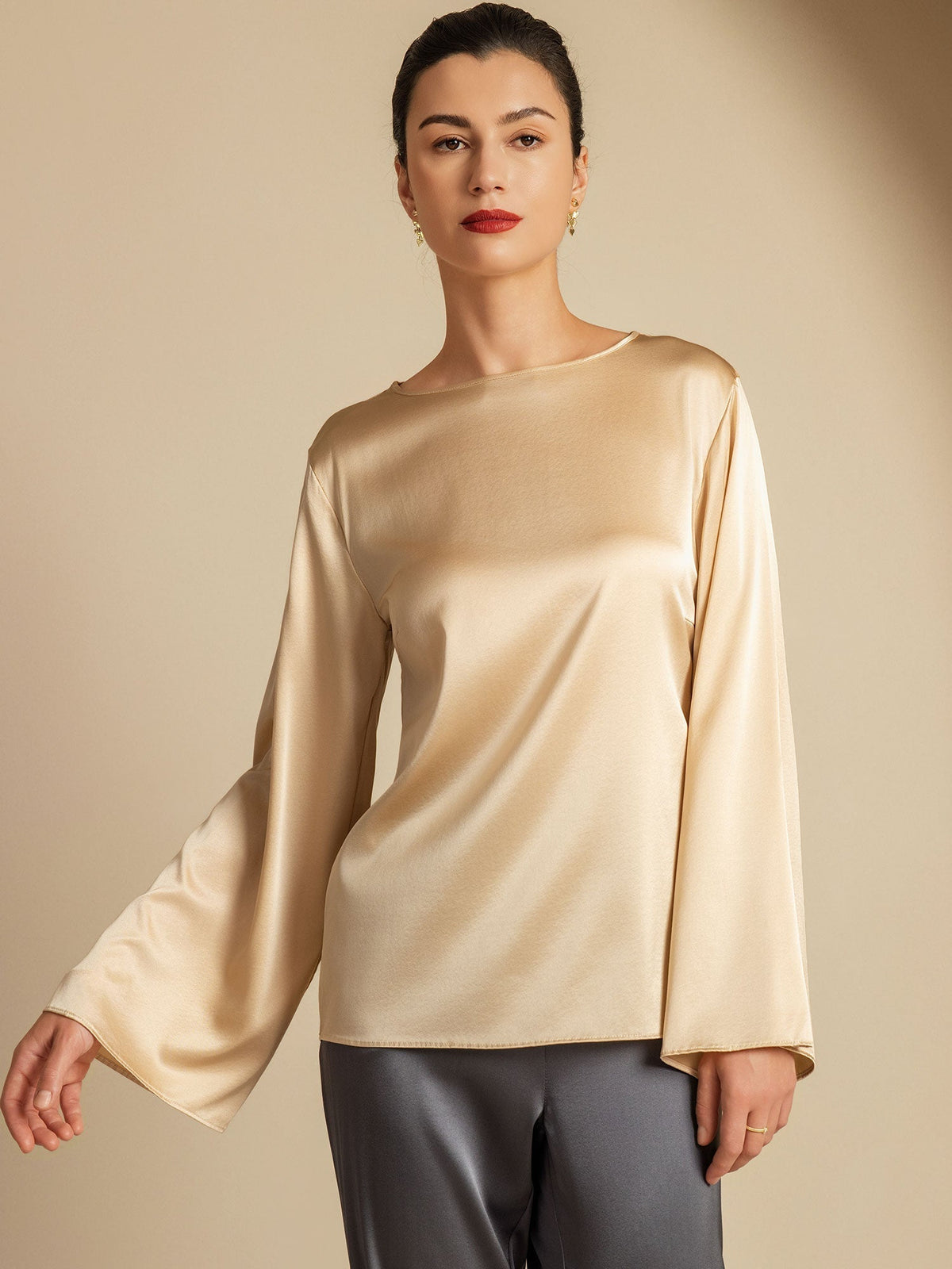 19Momme Seda Relajada Manga Larga Blusa