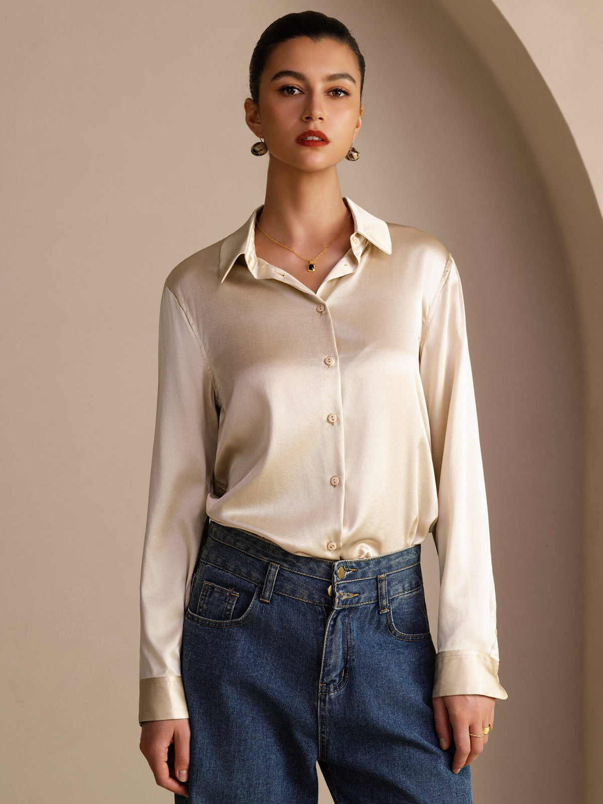 19Momme Seda Básica Cuello Militar Camisa