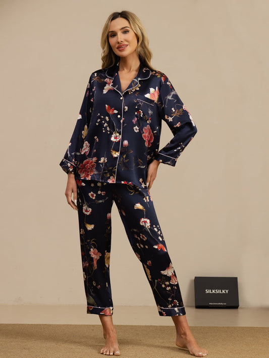 Pijama De Mujer De Pura Seda Con Estampado Floral Azul Marino De Manga Larga Y Cuello Con Solapa Y Botones