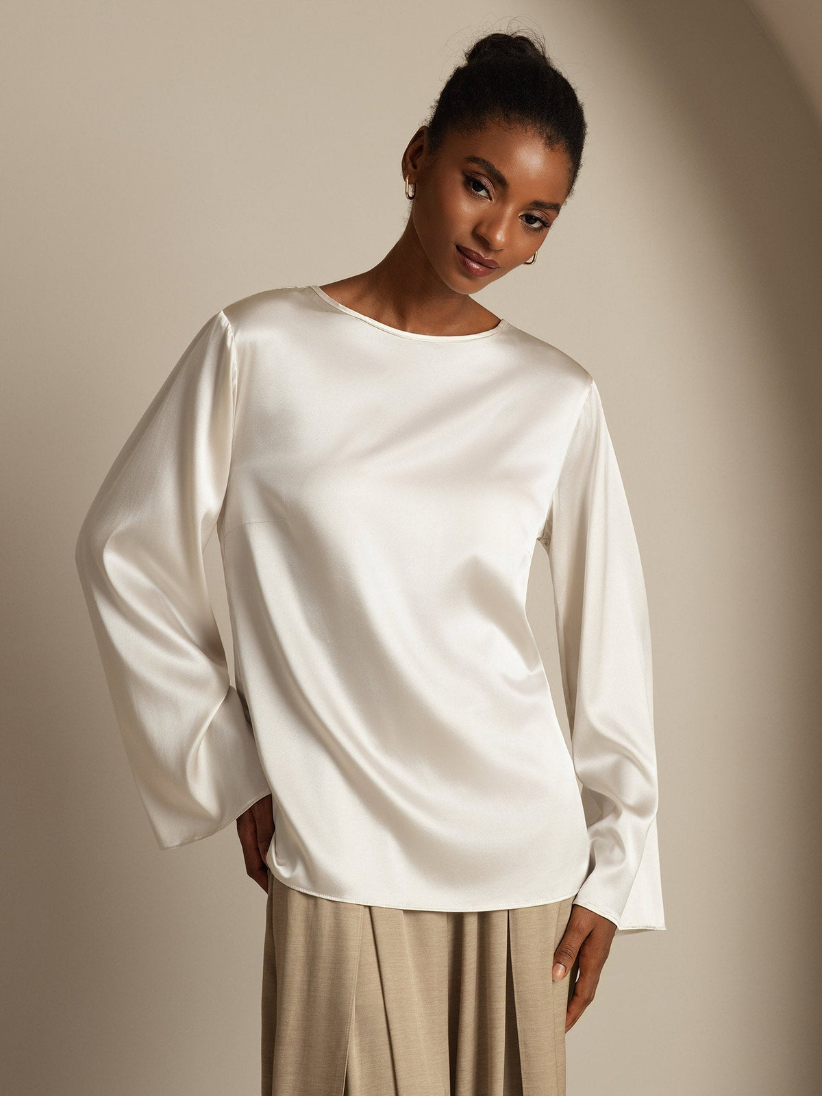 19Momme Seda Relajada Manga Larga Blusa