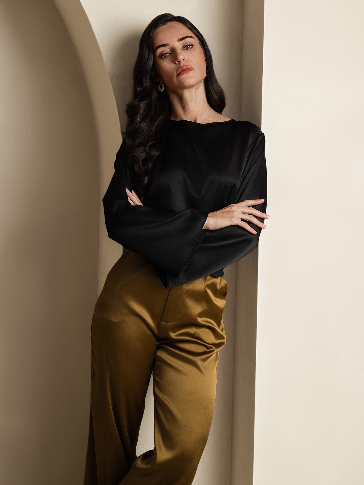 19Momme Seda Relajada Manga Larga Blusa