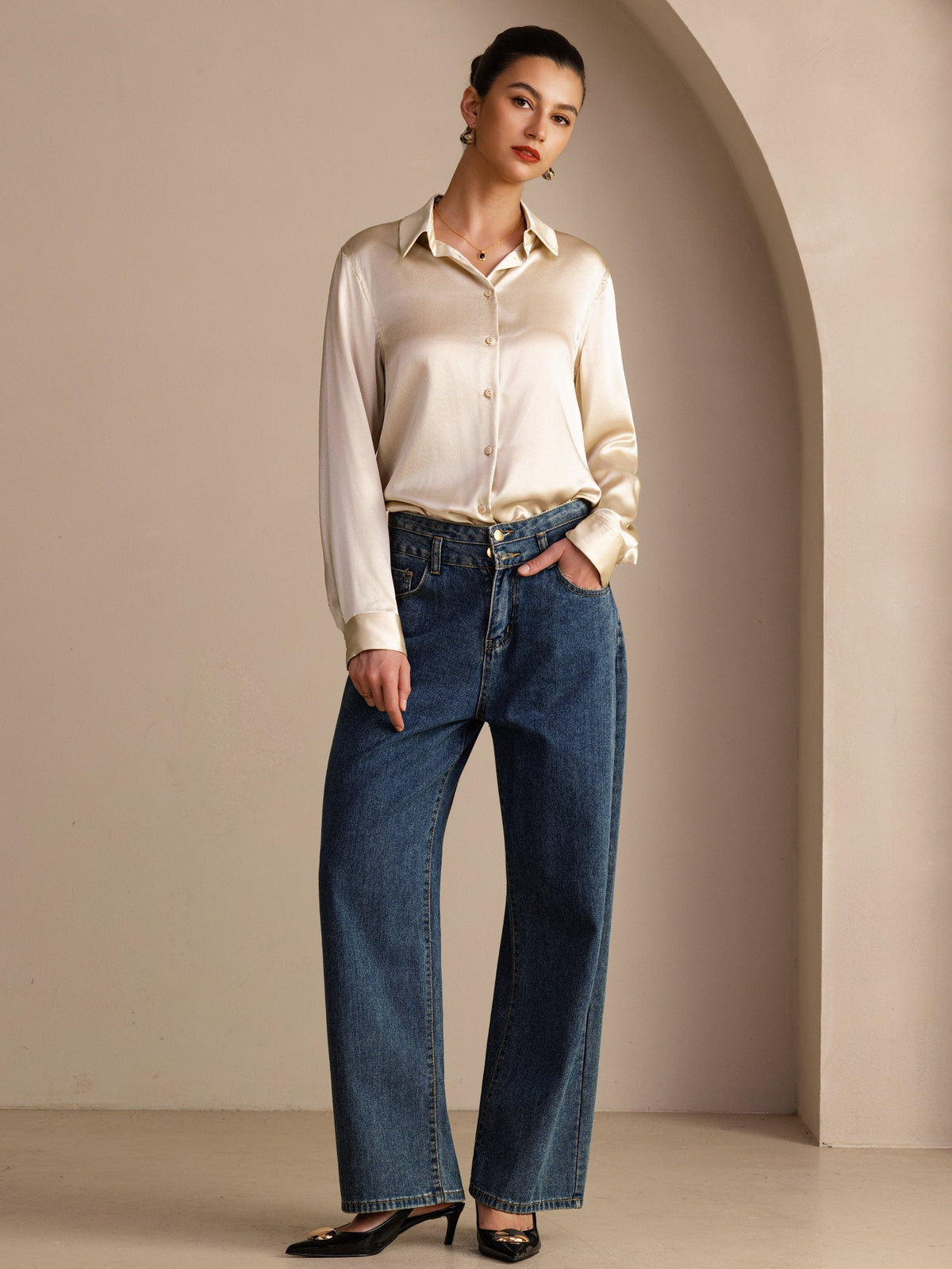 19Momme Aurora Cruz Seda con Cuello Básica  Camisa