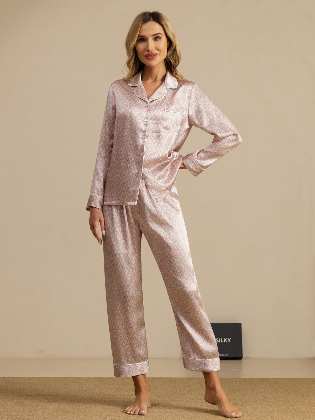 Conjunto De Pijama Para Mujer De Seda Pura Manga Larga Con Pantalón E Imprimé Geométrico