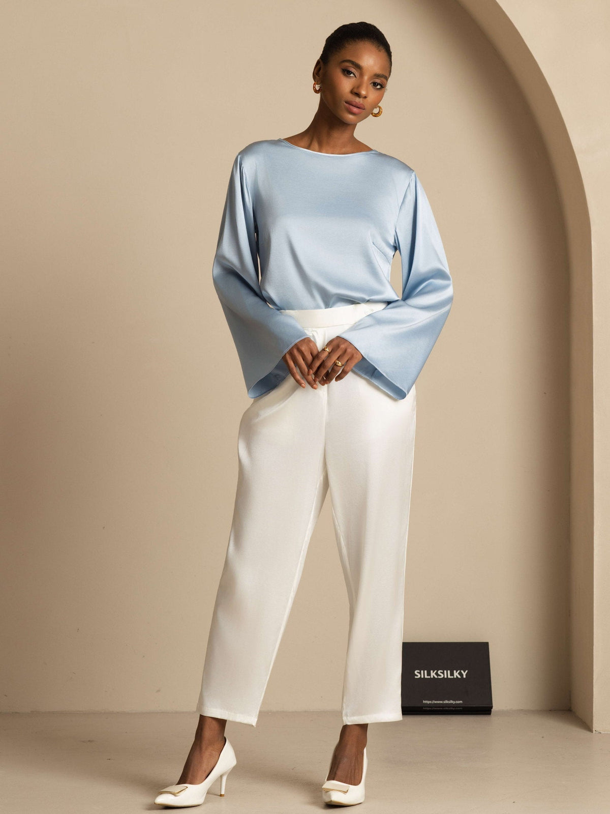 19Momme Seda Relajada Manga Larga Blusa