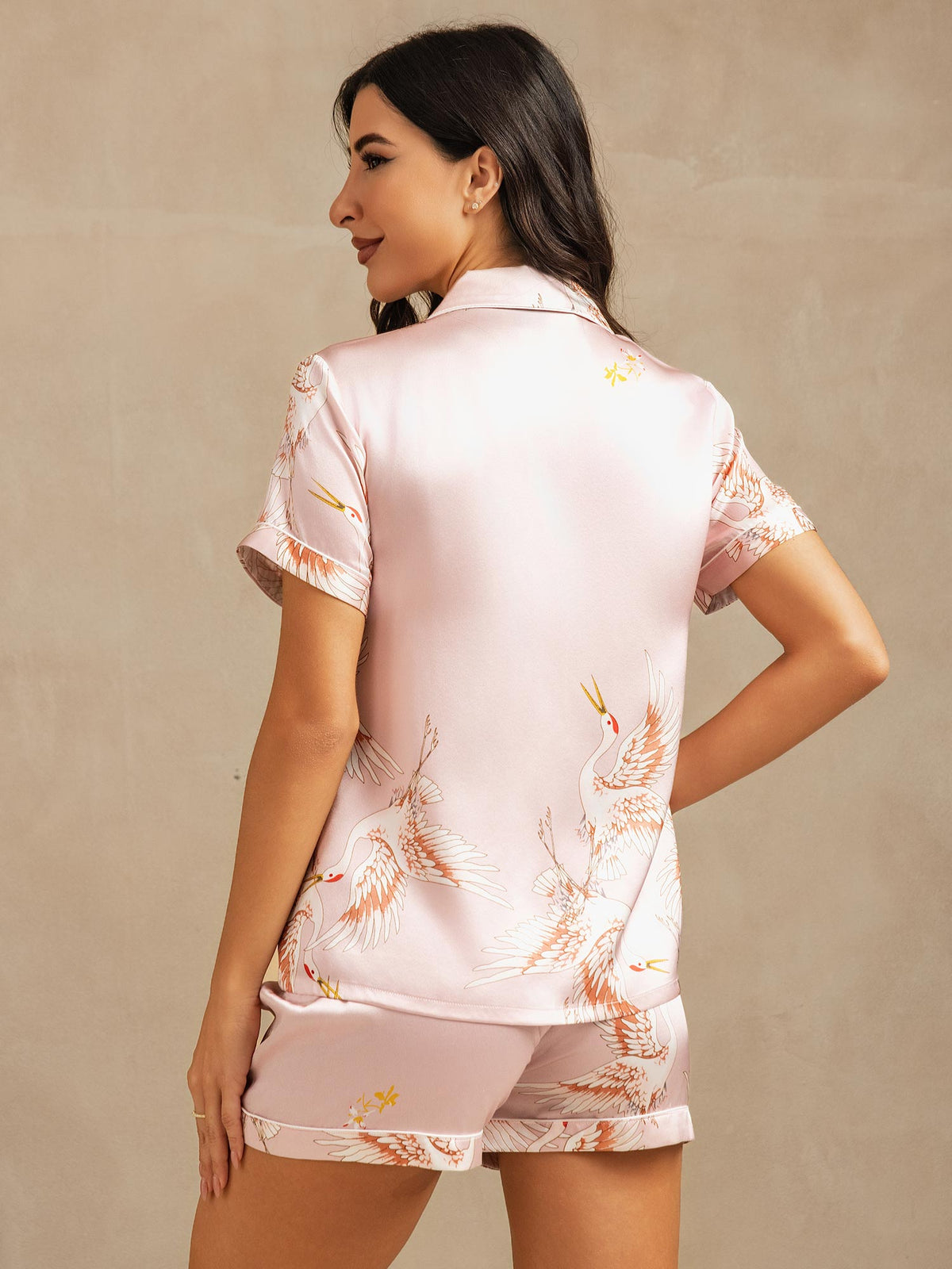 Conjunto De Pijama Para Mujer En Seda Pura 19Momme Manga Corta Cuello Notch Con Estampado De Grulla