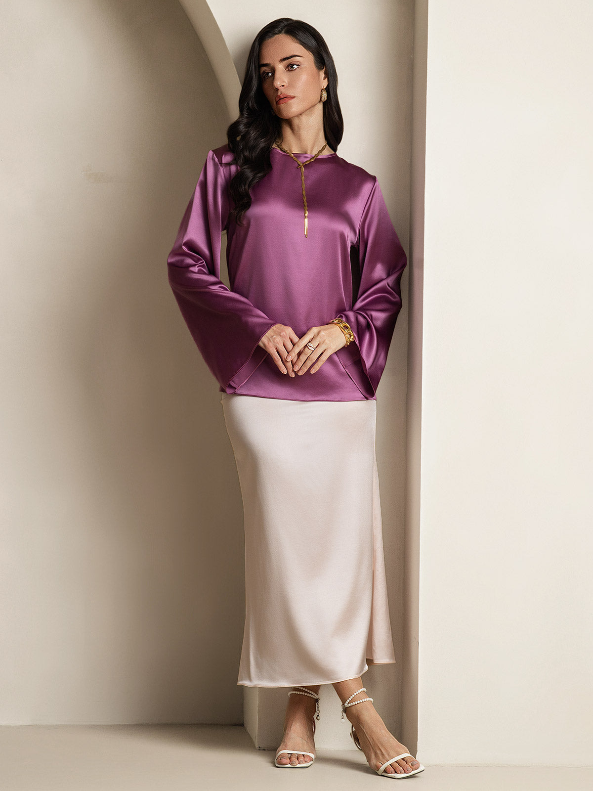 19Momme Seda Relajada Manga Larga Blusa