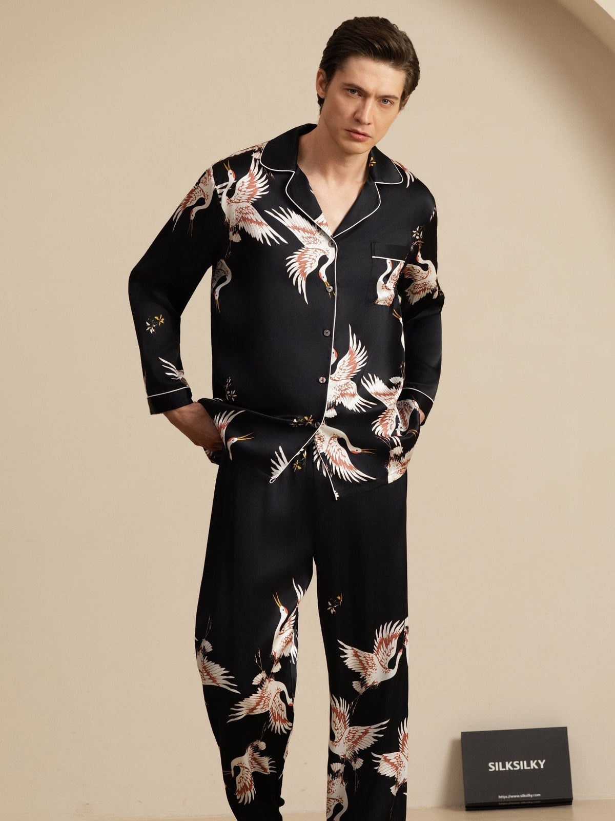 Conjunto de Pijamas para Hombre Estampado de Grúa Seda Pura 19Momme Manga Larga Cuello Notch