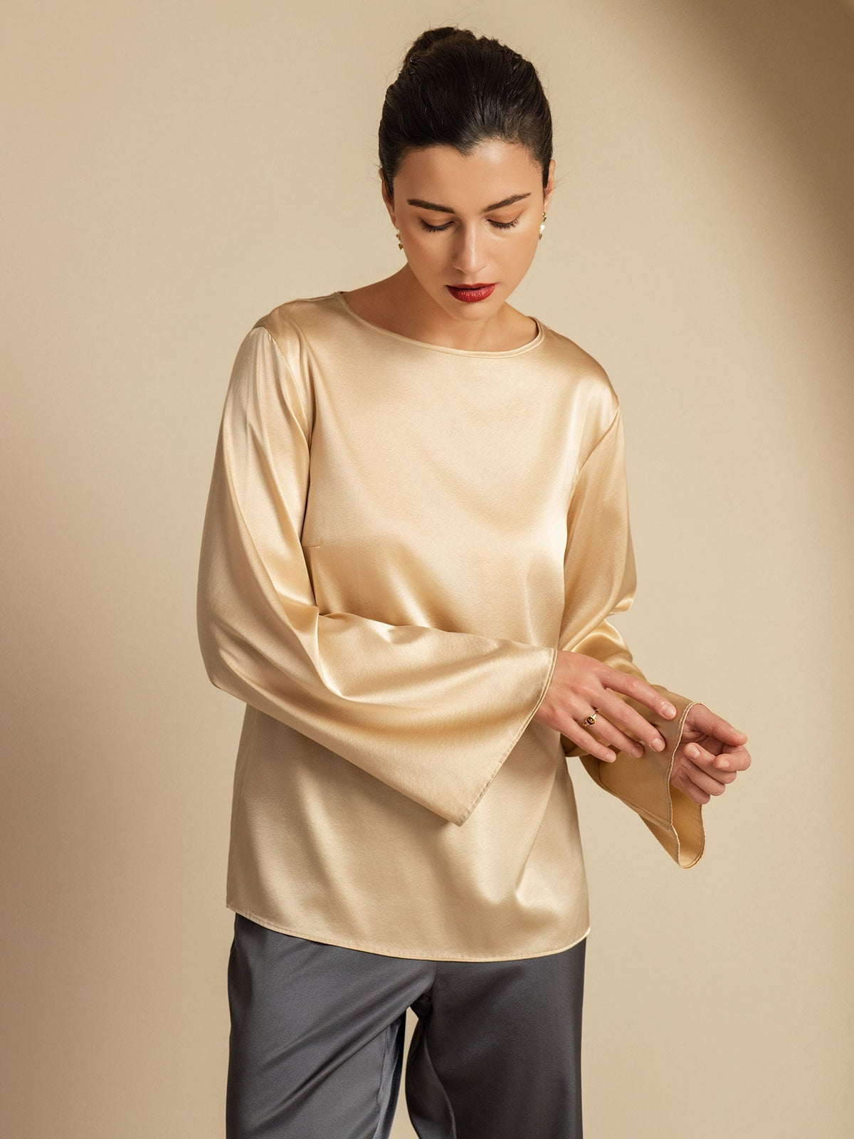 19Momme Seda Relajada Manga Larga Blusa