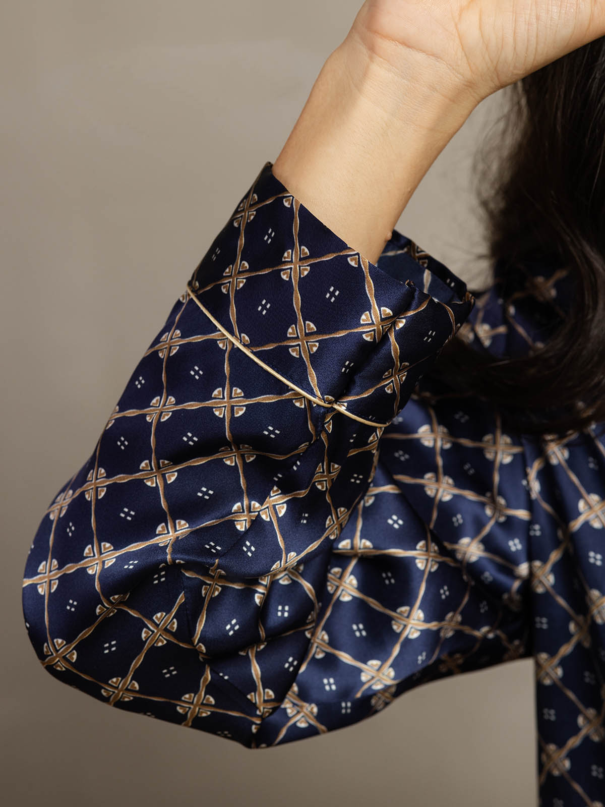 Conjunto De Pijama De Seda Pura Para Mujer Con Estampado De Cadena Marino, Manga Larga Y Cuello Con Solapas